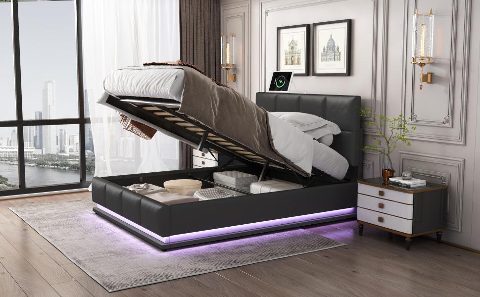 Black Bed Frame With LED and storage