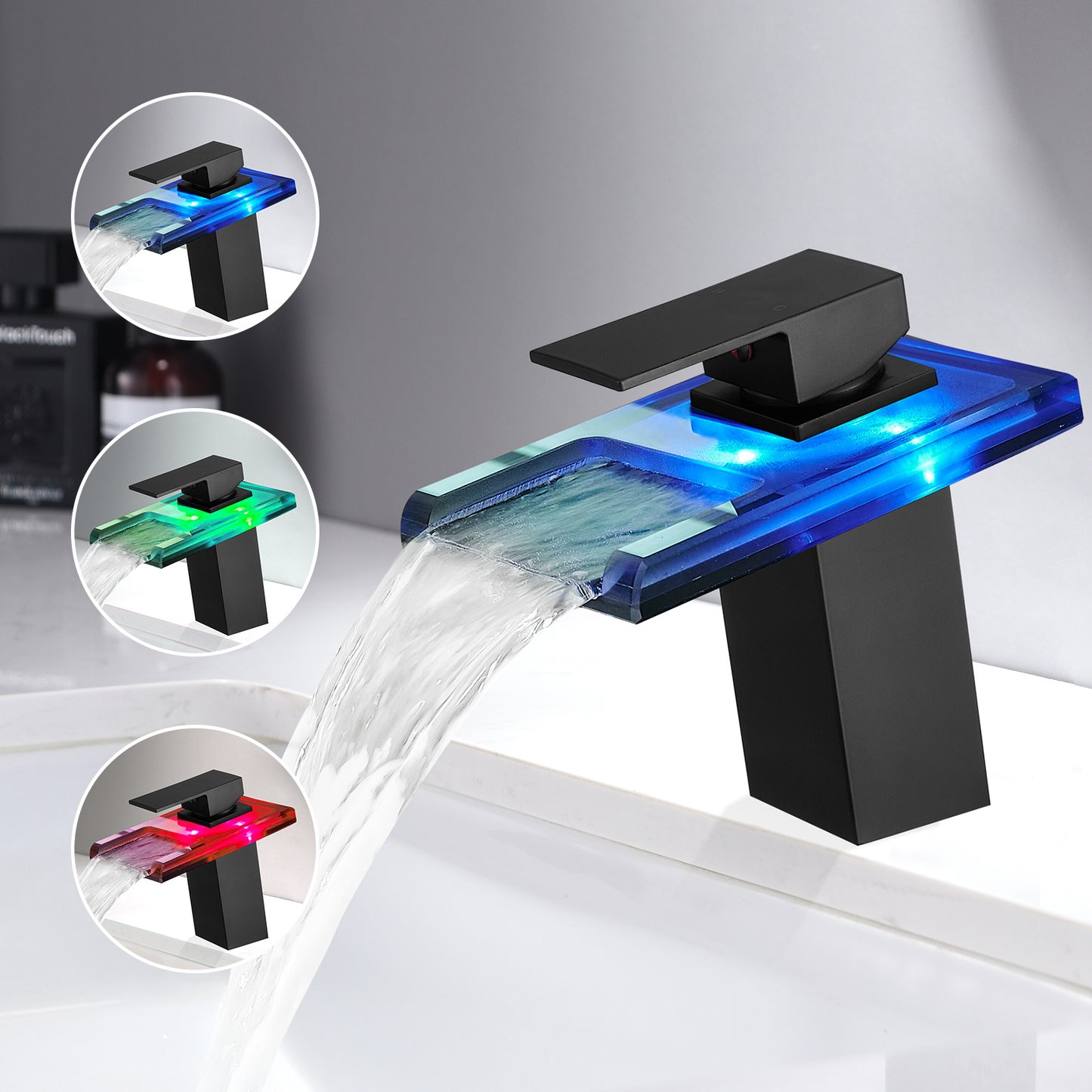 Waterfall Black Lavatory Faucet w LED