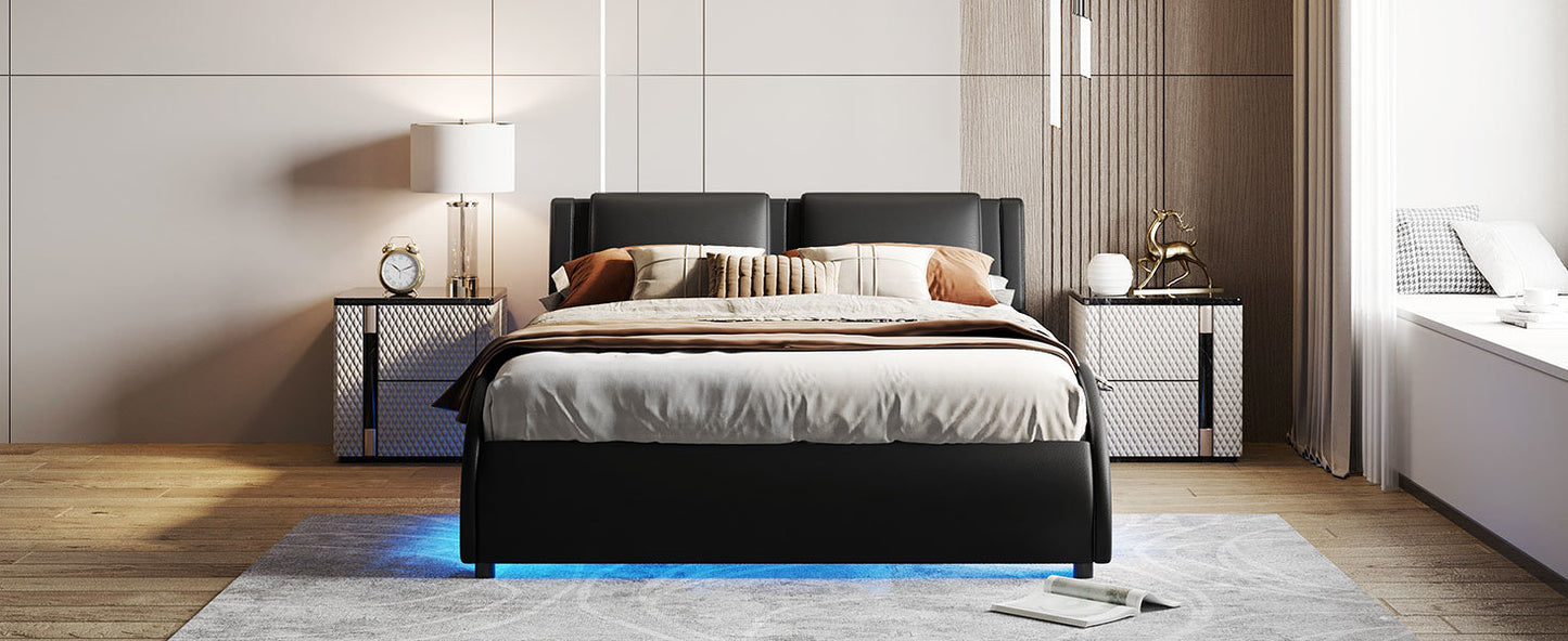 Queen Size Curved Leather Platform Bed with LED Light