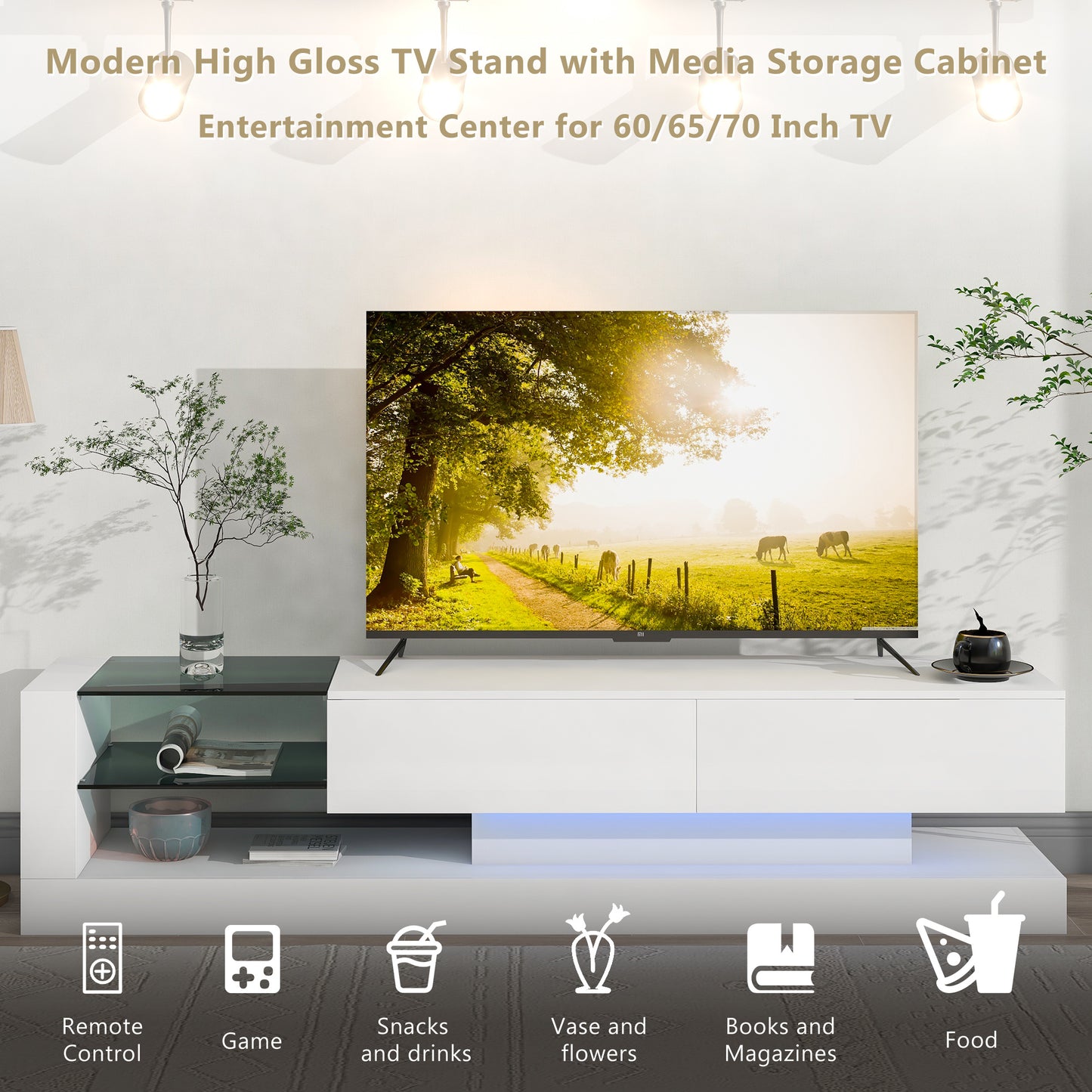 Two Media Storage, up to 75 Inch TV stand with LED