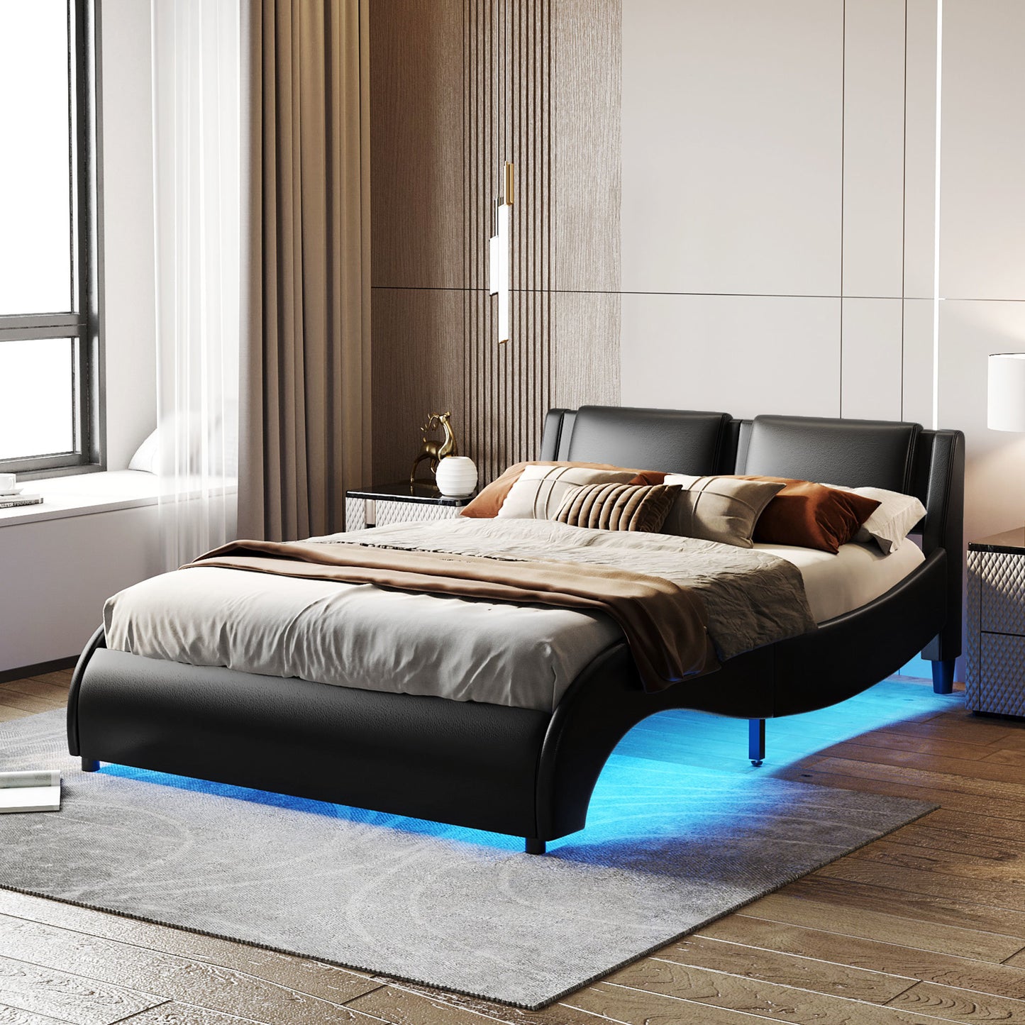 Queen Size Curved Leather Platform Bed with LED Light