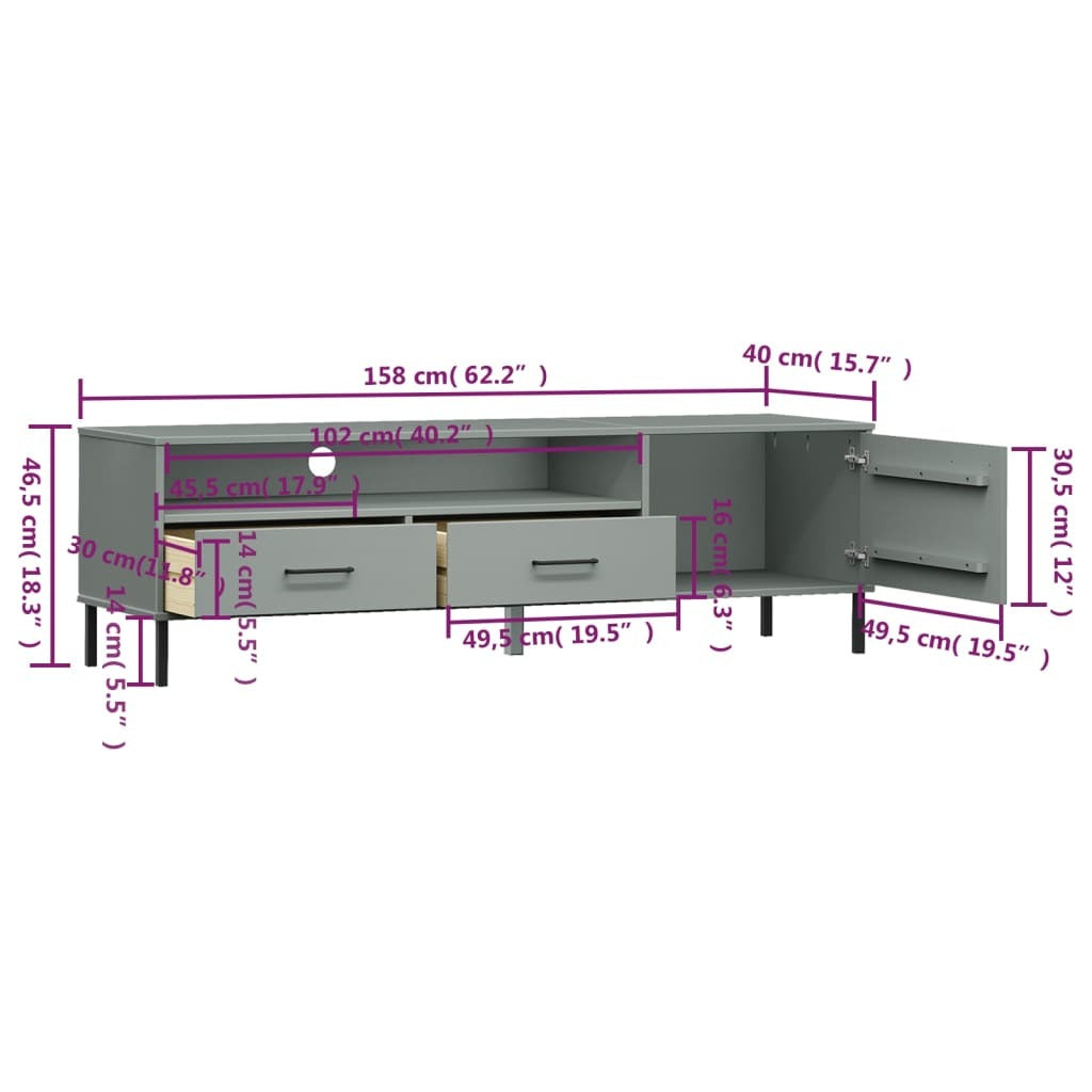 TV Stand with Metal Legs Gray Solid Wood Pine