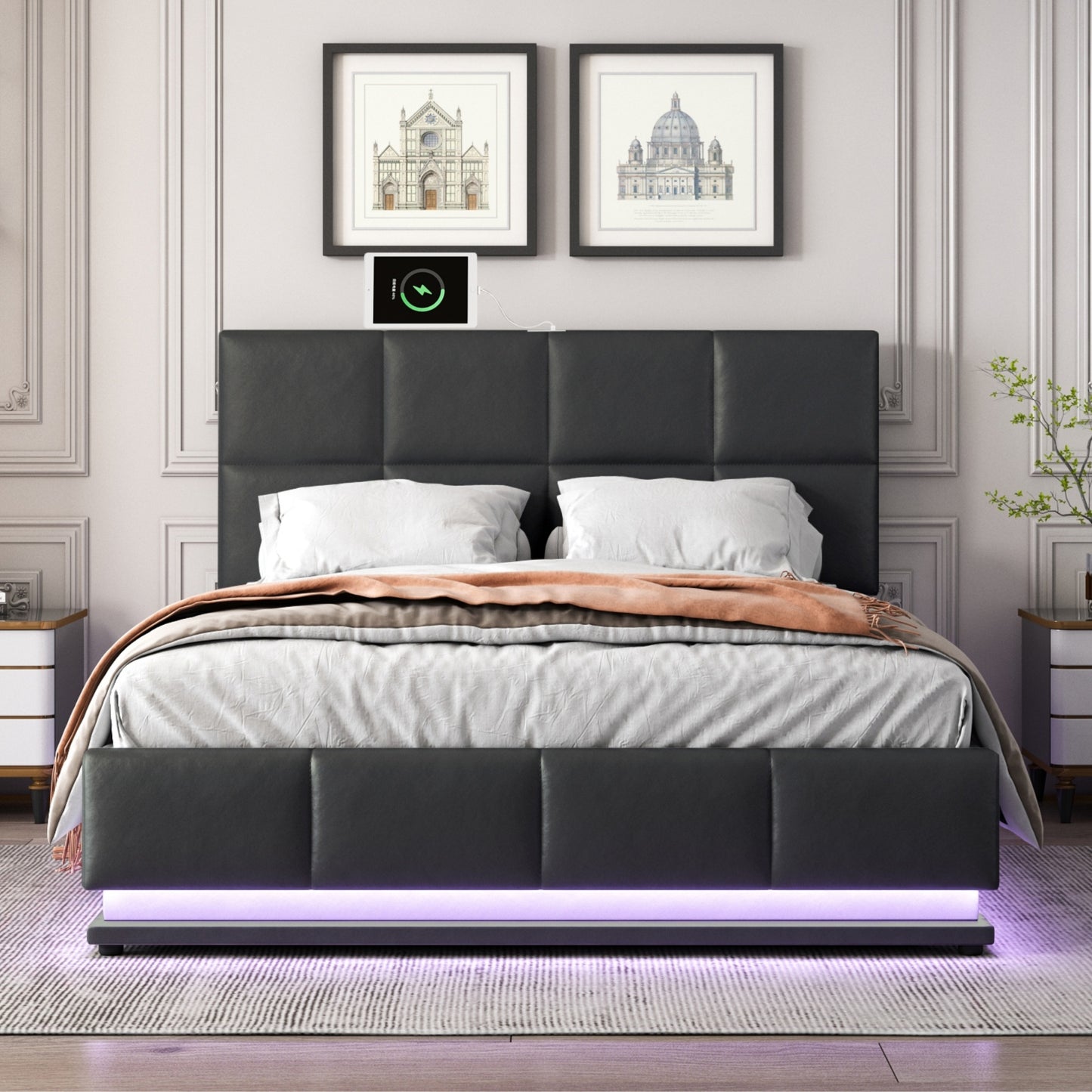 Black Bed Frame With LED and storage