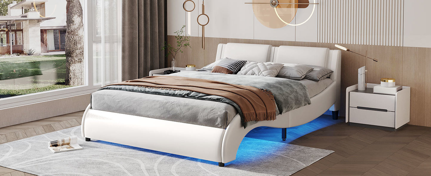 Queen Size Curved Leather Platform Bed with LED Light