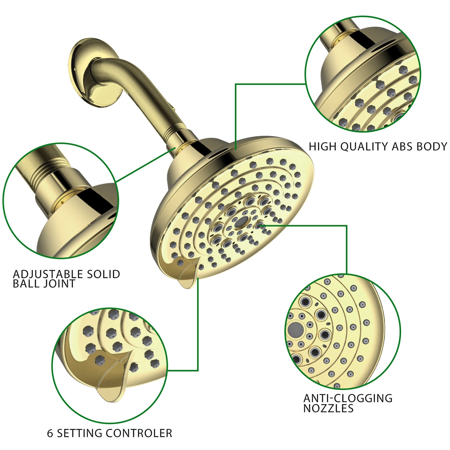 6 Spray Settings High Pressure Shower Head Gold