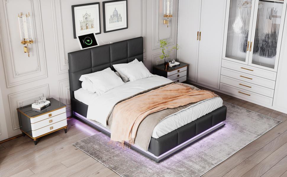 Black Bed Frame With LED and storage