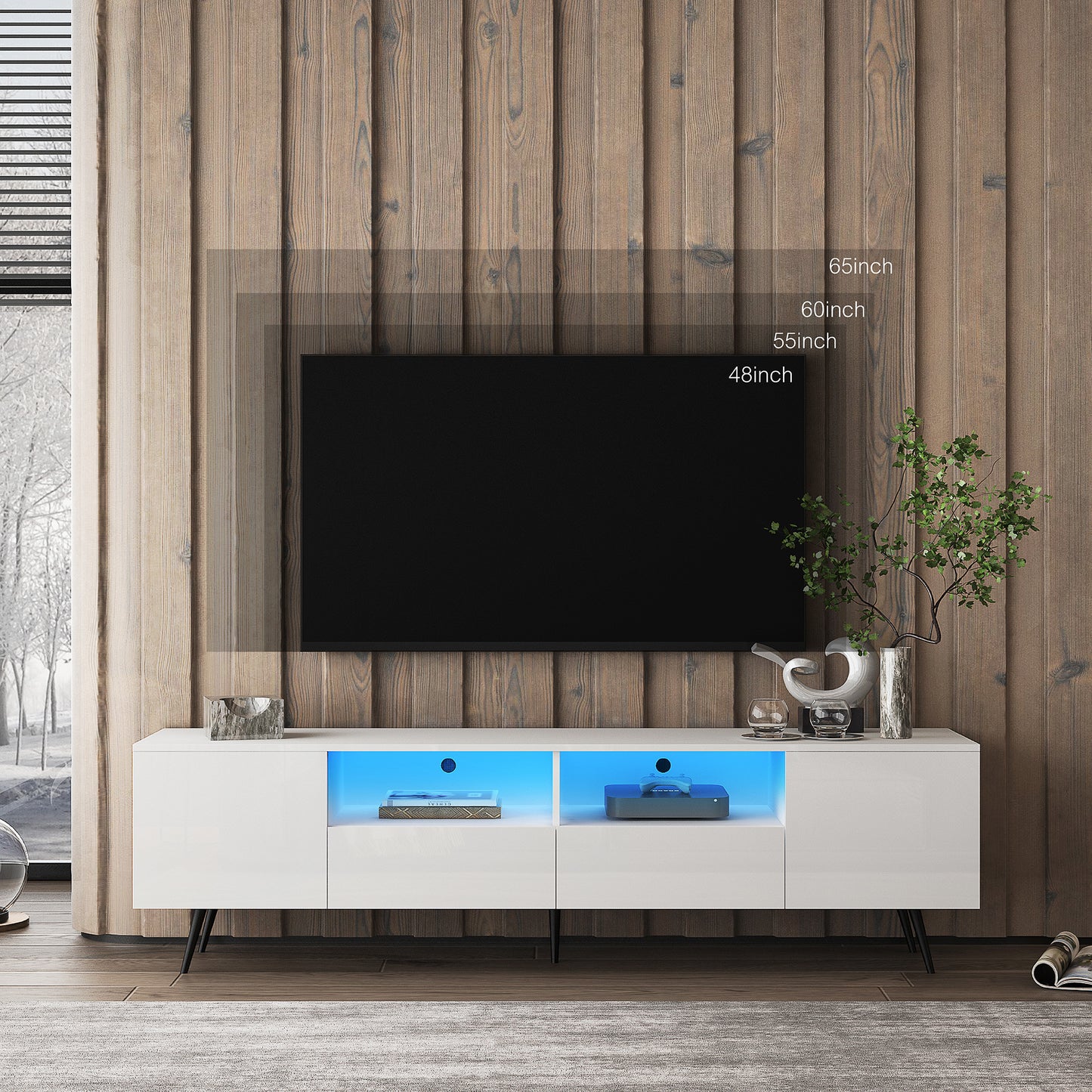 Modern White TV Stand;  16 Colors LED TV Stand w/Remote Control Lights