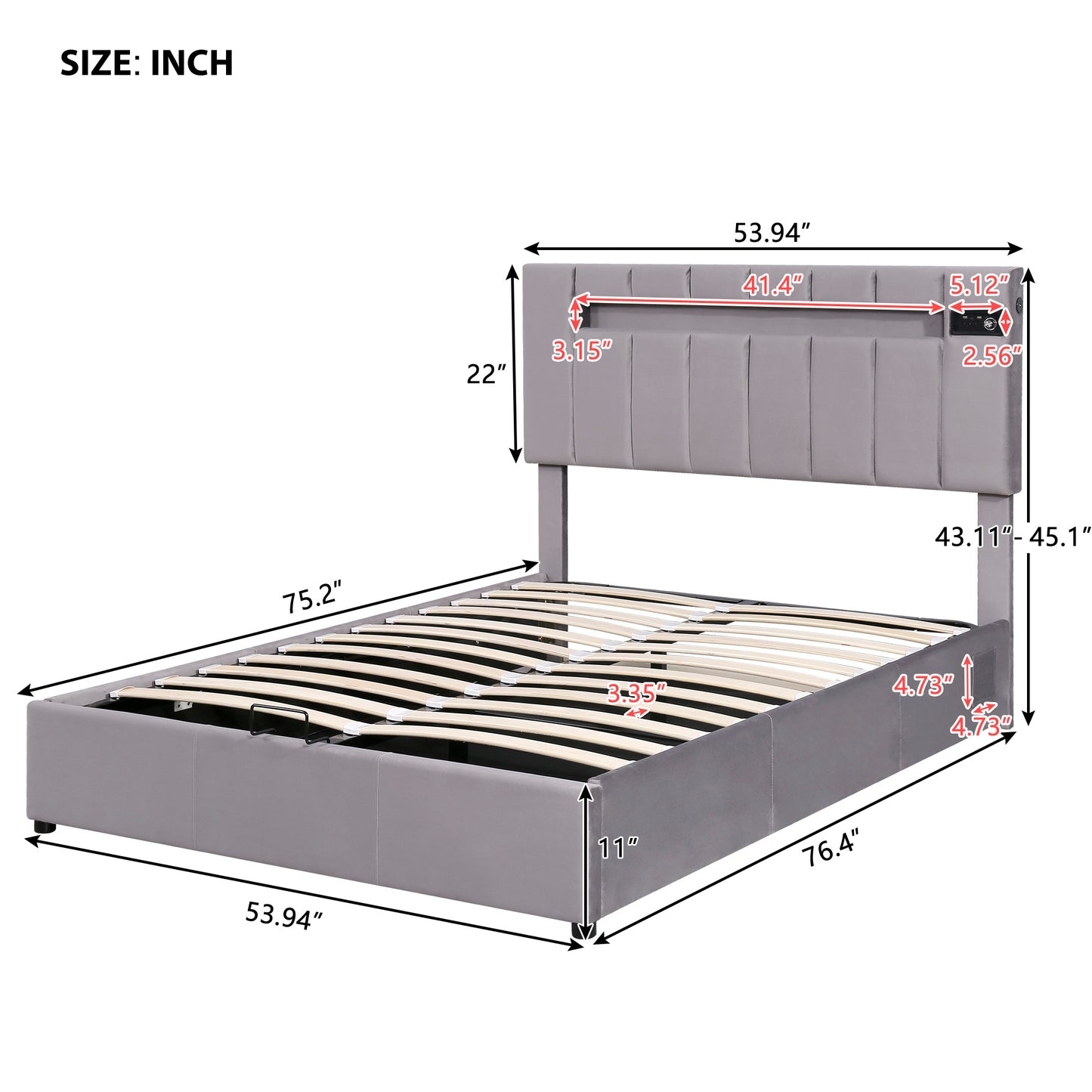 Velvet Fabric Queen Frame,  with LED light;  Bluetooth Player and USB Charging;  Hydraulic Storage