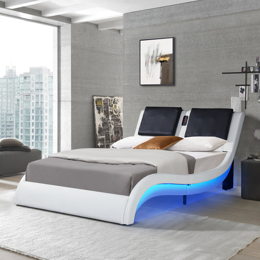 white Leather queen Bed Frame with led Backrest vibration massage