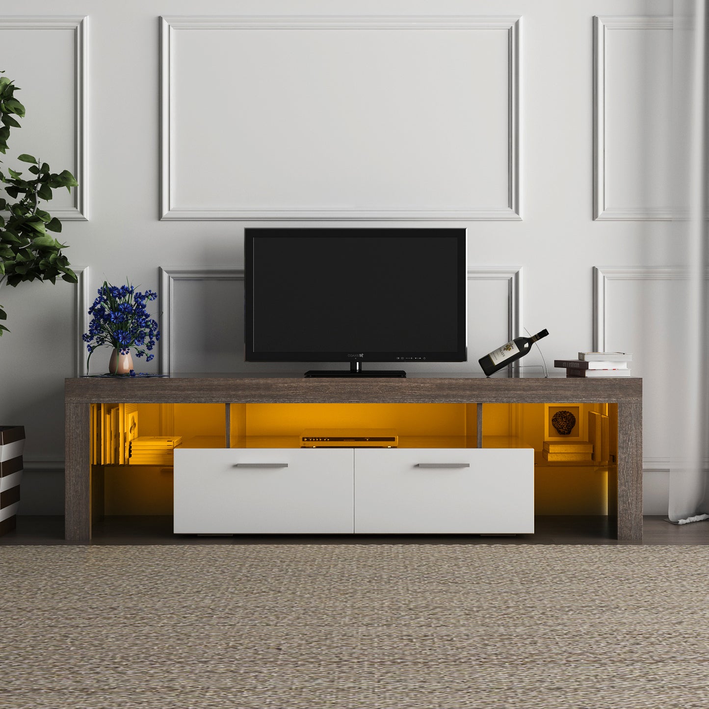 cabinet Brown + white modern TV stand with LED light