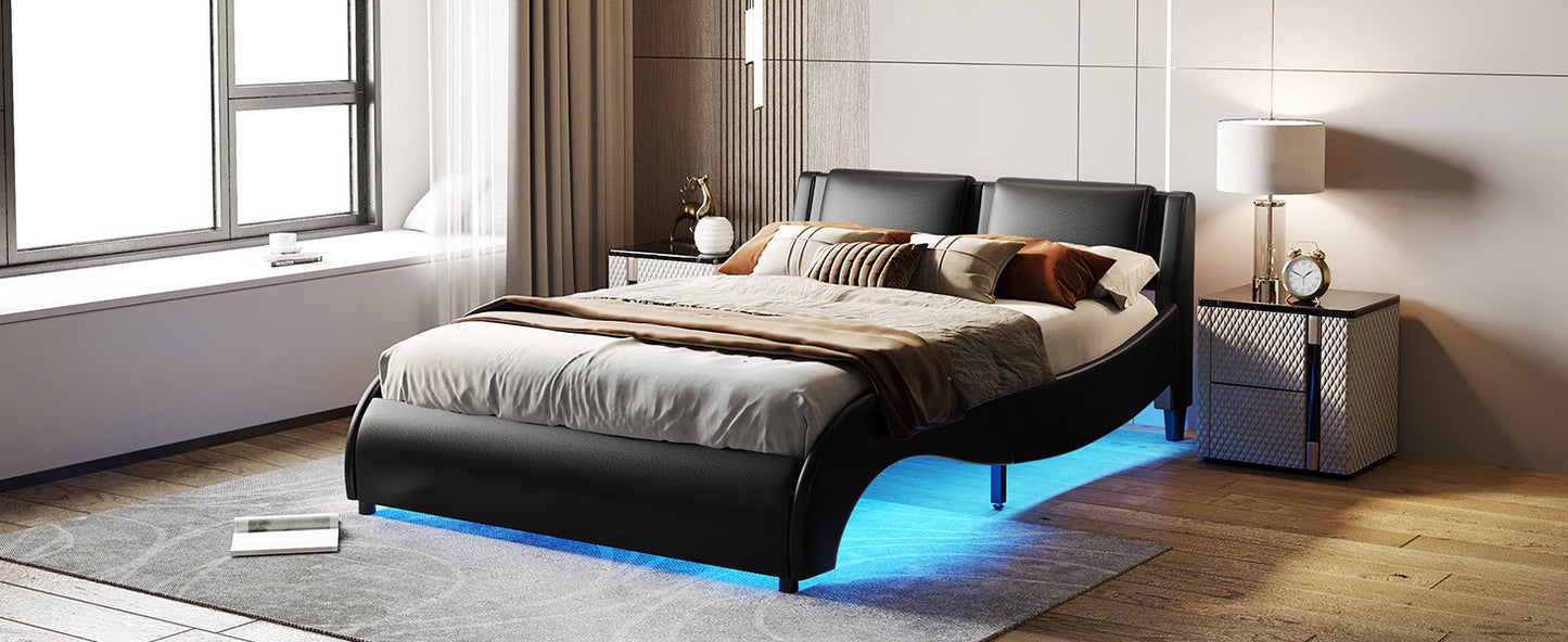 Queen Size Curved Leather Platform Bed with LED Light