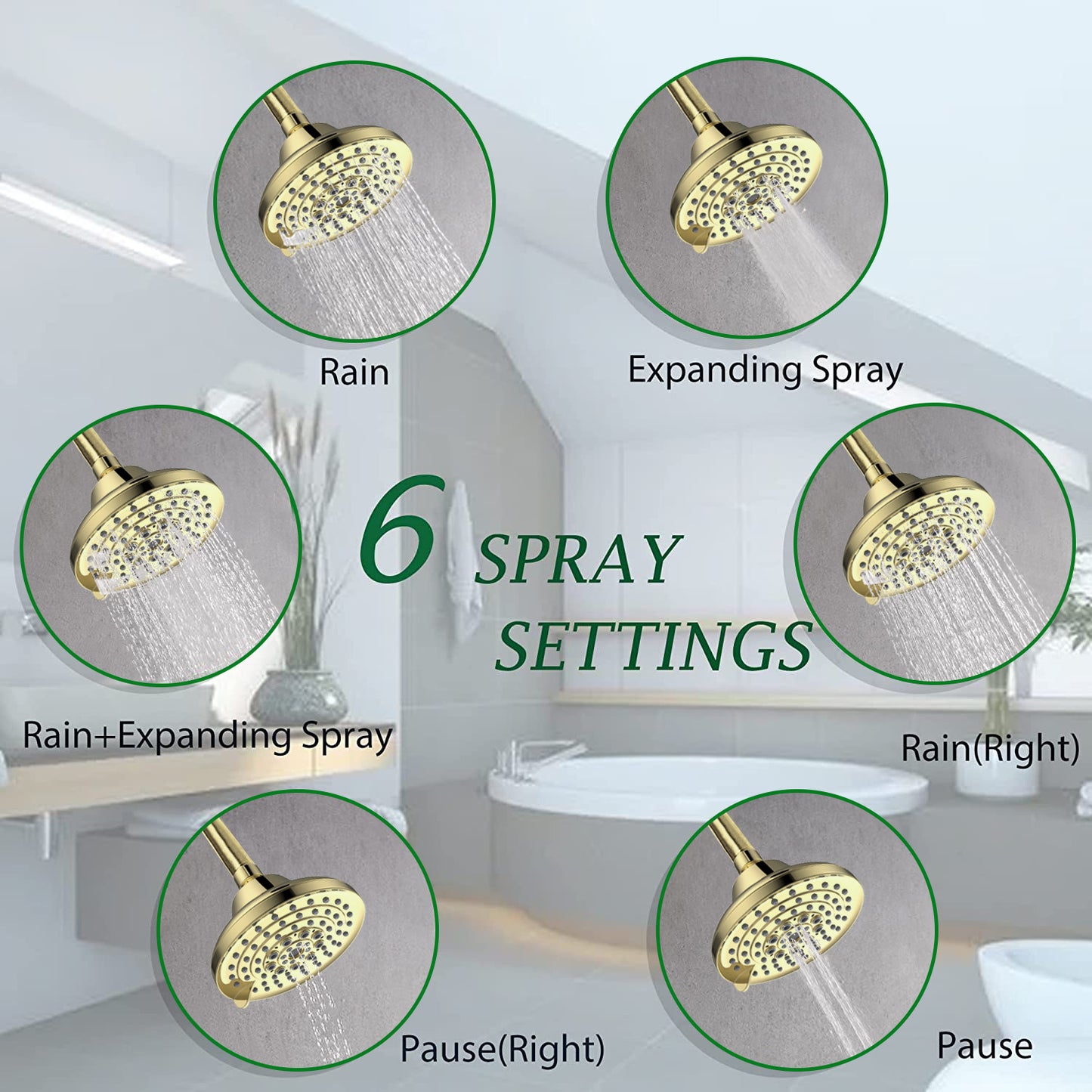 6 Spray Settings High Pressure Shower Head Gold