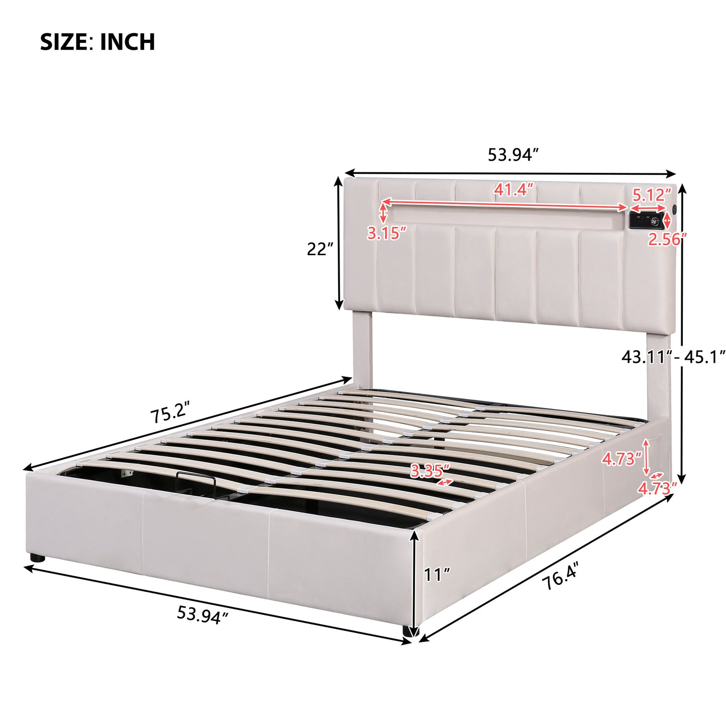 Velvet Fabric Queen Frame,  with LED light;  Bluetooth Player and USB Charging;  Hydraulic Storage