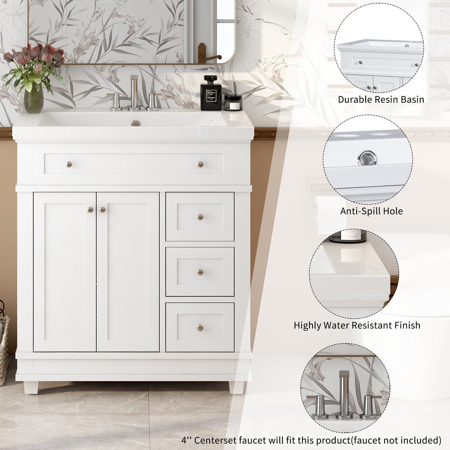 30" Bathroom Vanity White