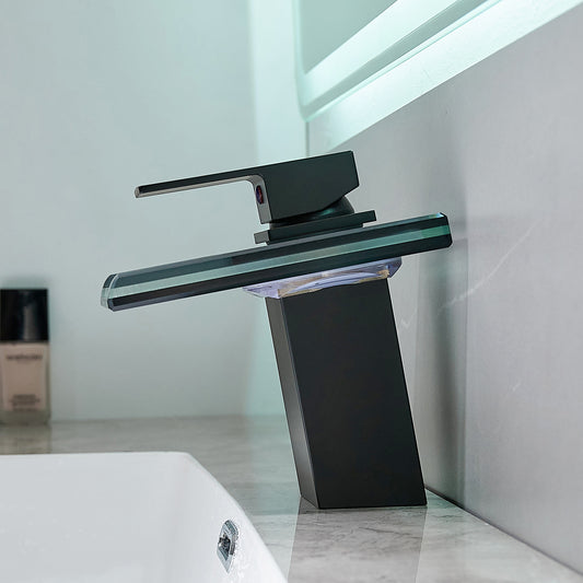 Waterfall Black Lavatory Faucet w LED