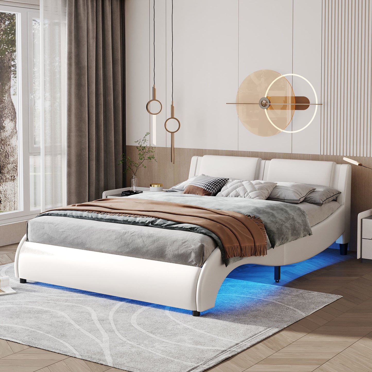 Queen Size Curved Leather Platform Bed with LED Light