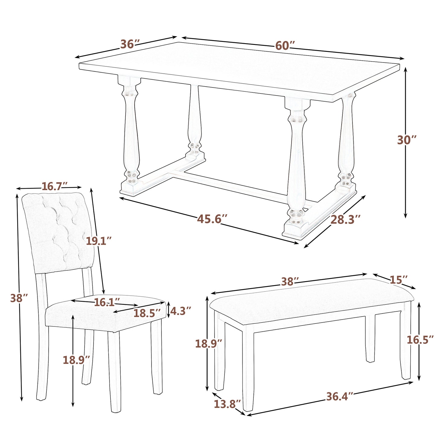 Dining Table and Chair Set with Special-shaped Legs and Foam-covered Seat Backs & Cushions