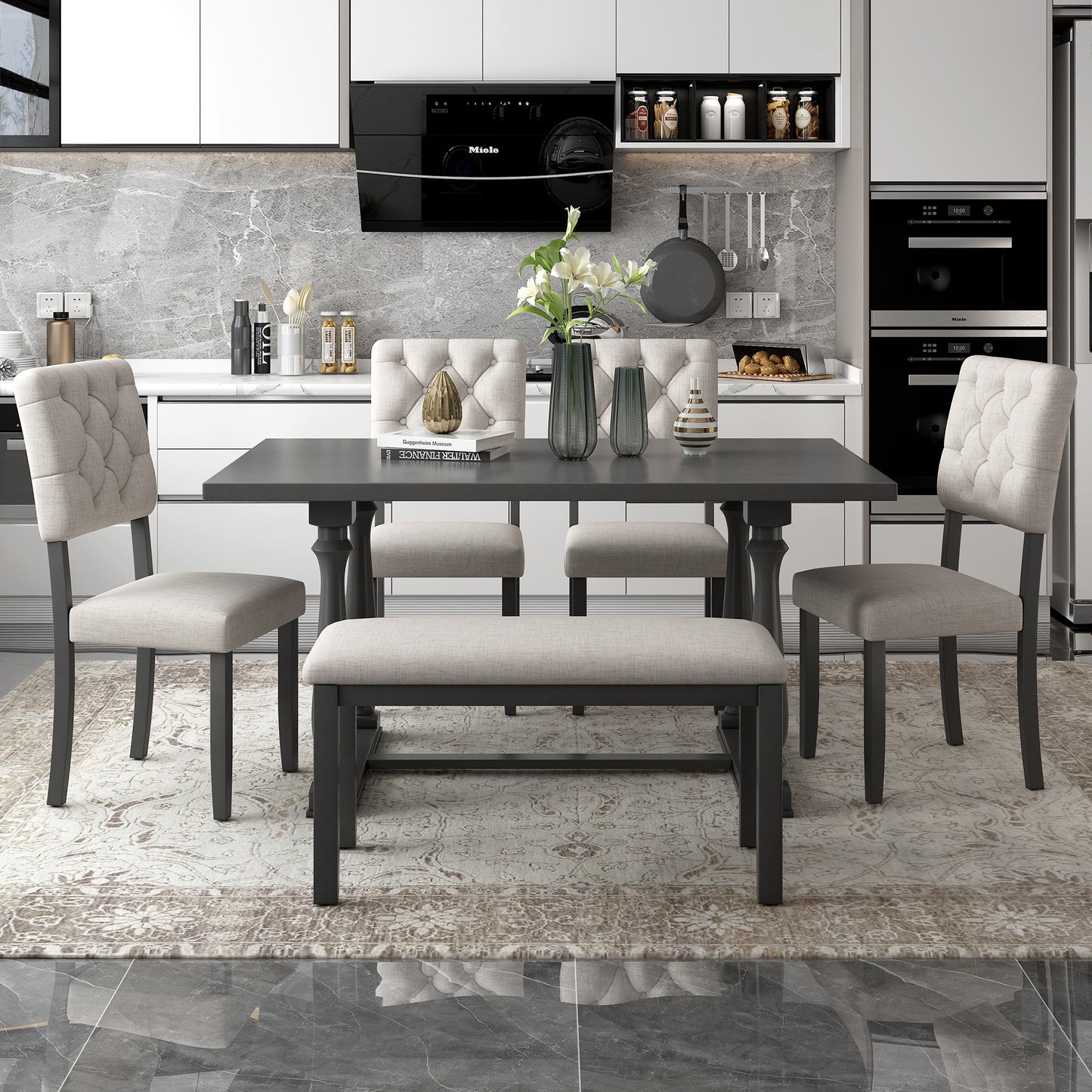 Dining Table and Chair Set with Special-shaped Legs and Foam-covered Seat Backs & Cushions