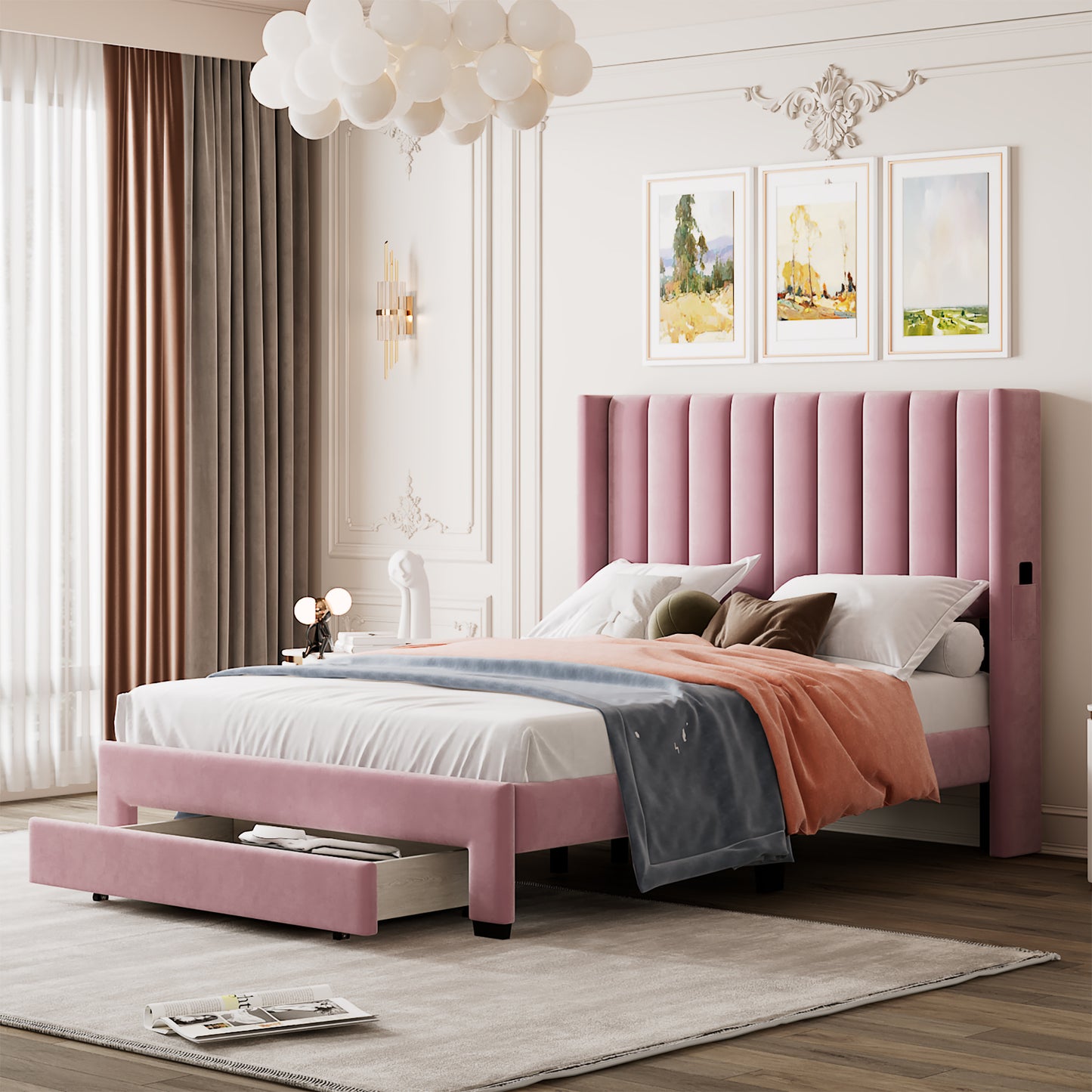 Full Size Storage Bed Velvet  Pink