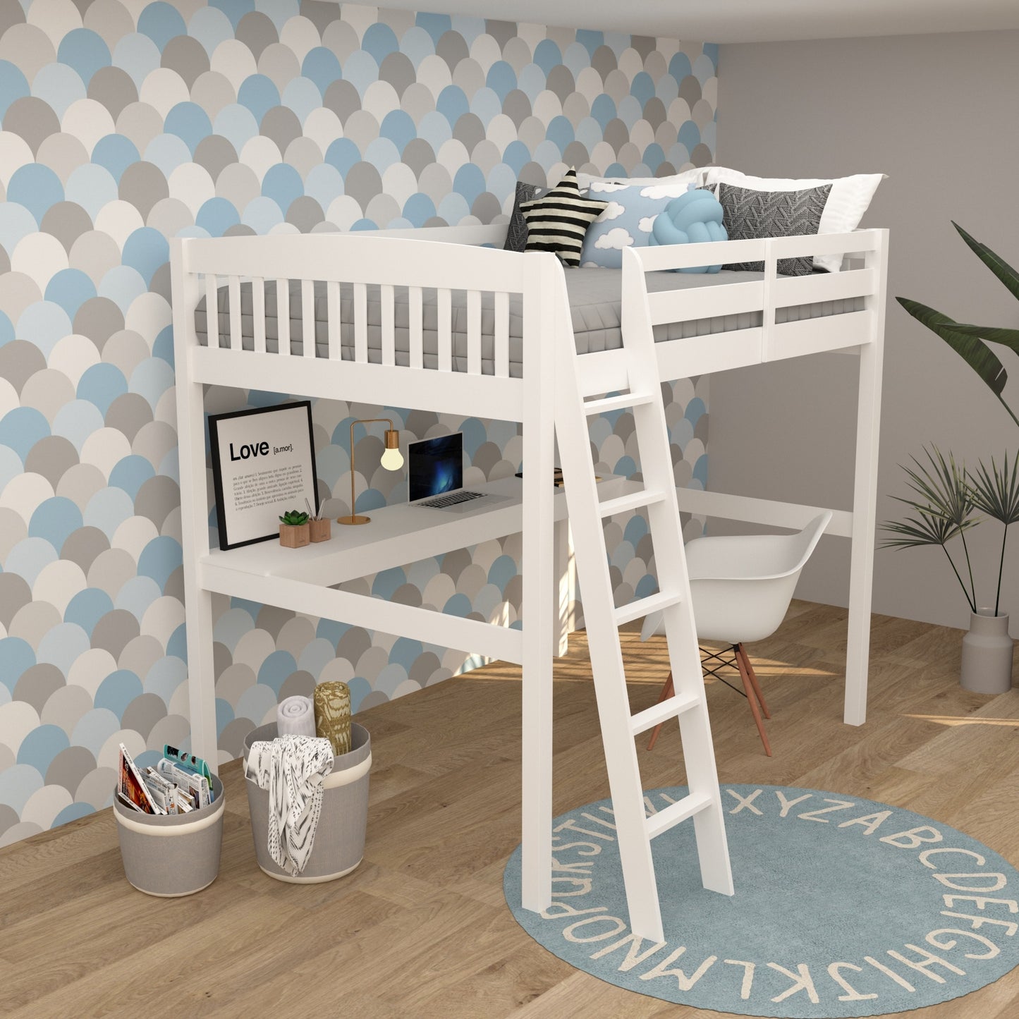 Everest White High Loft Bed with Desk and Storage