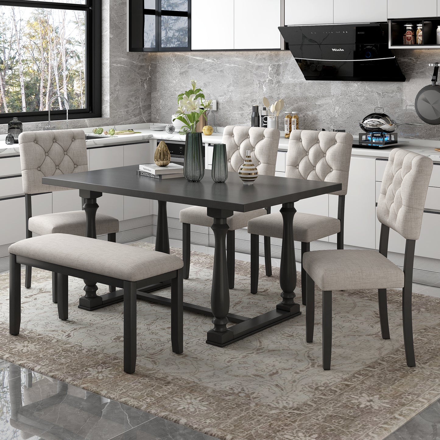 Dining Table and Chair Set with Special-shaped Legs and Foam-covered Seat Backs & Cushions