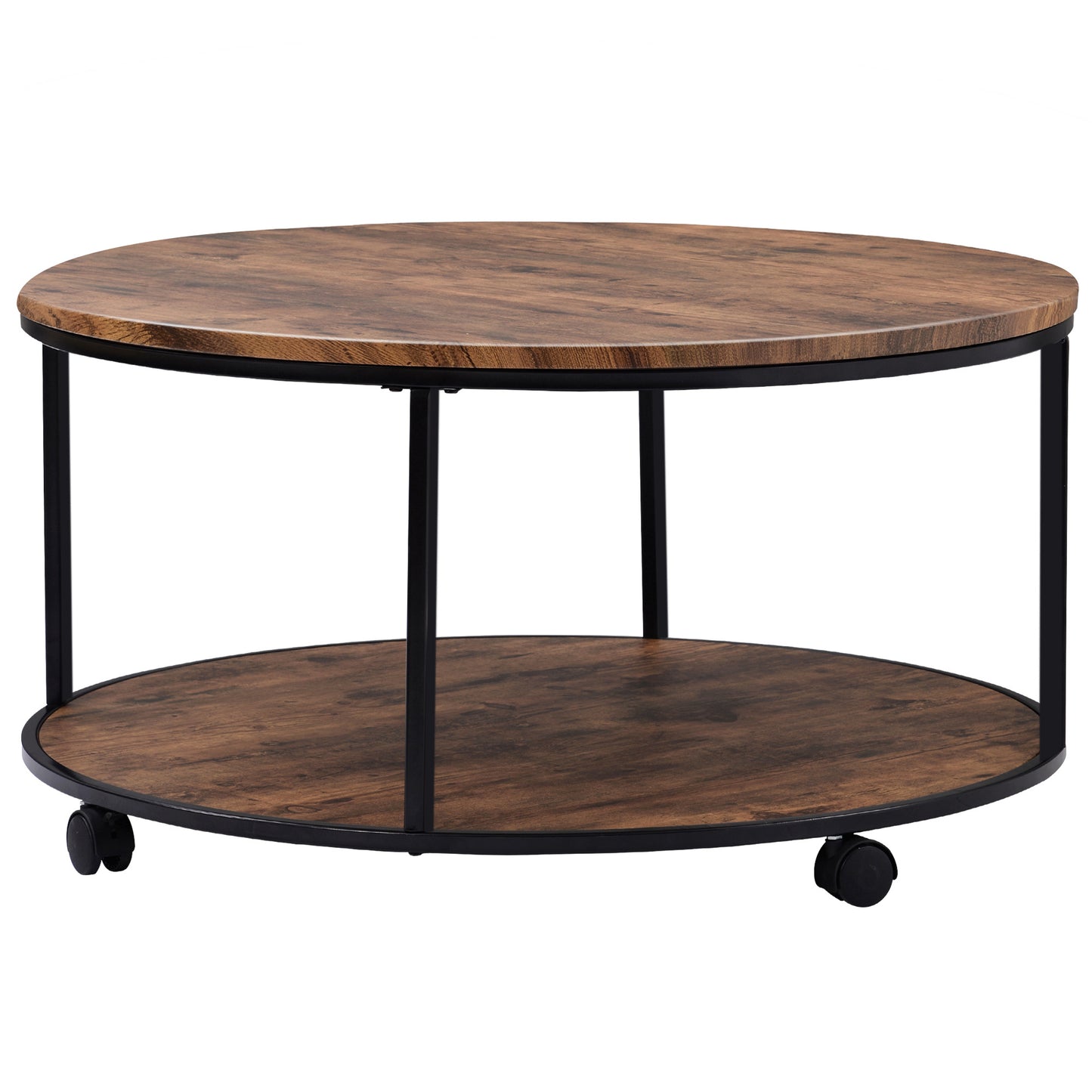 Round Coffee Table with Caster Wheels and Wood Textured Surface