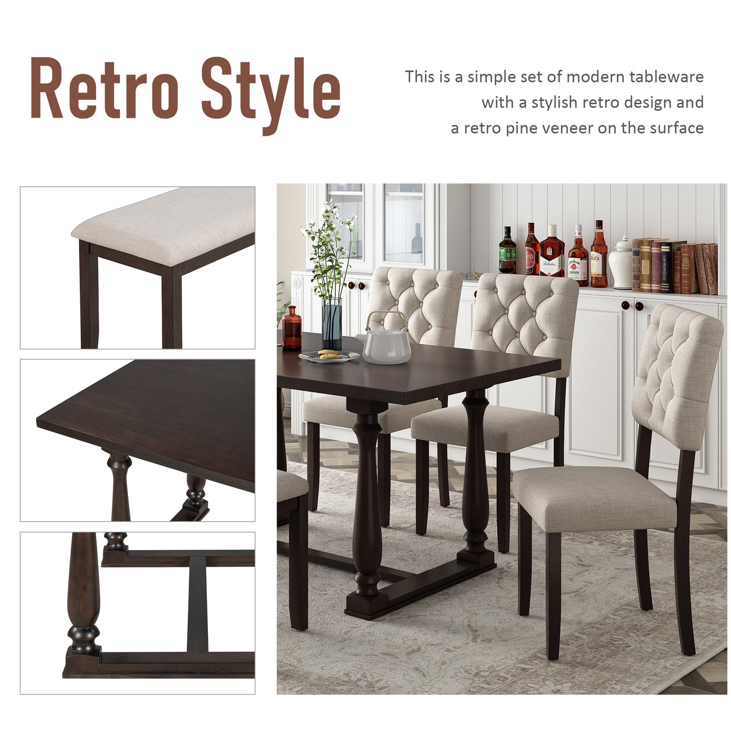 Dining Table and Chair Set with Special-shaped Legs and Foam-covered Seat Backs & Cushions