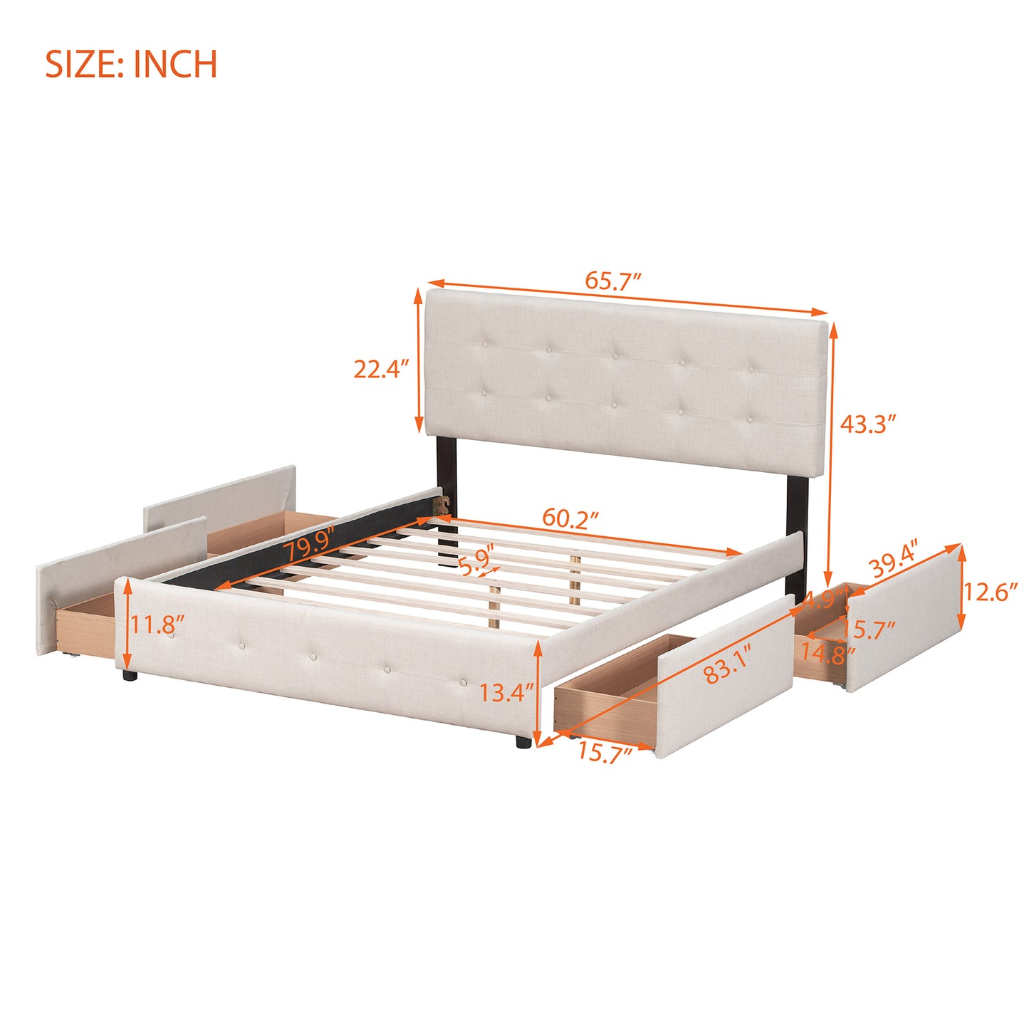 Classic Headboard and 4 Drawers;  Queen Size