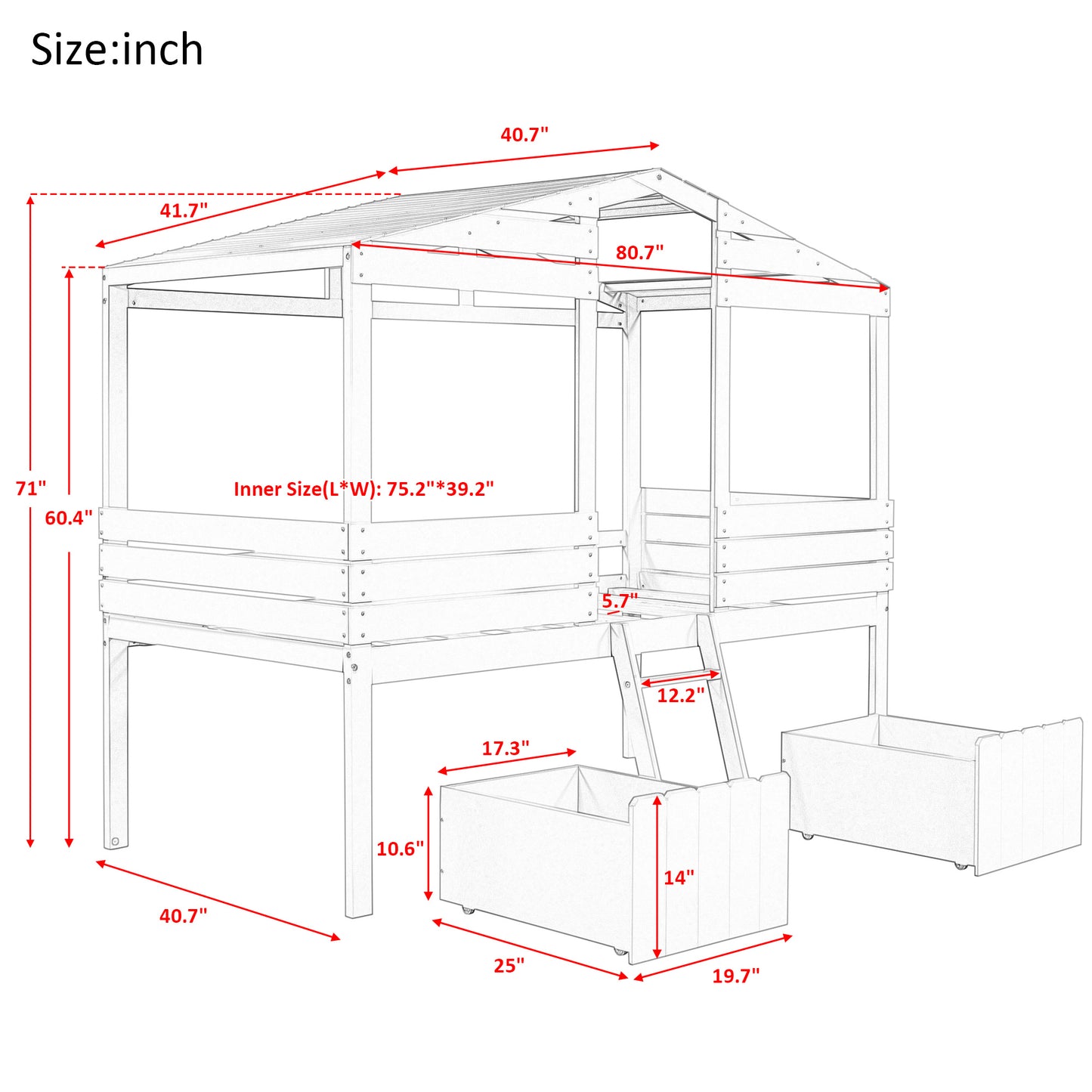 Twin Size Low Loft Wood House Bed with Two Drawers; Walnut