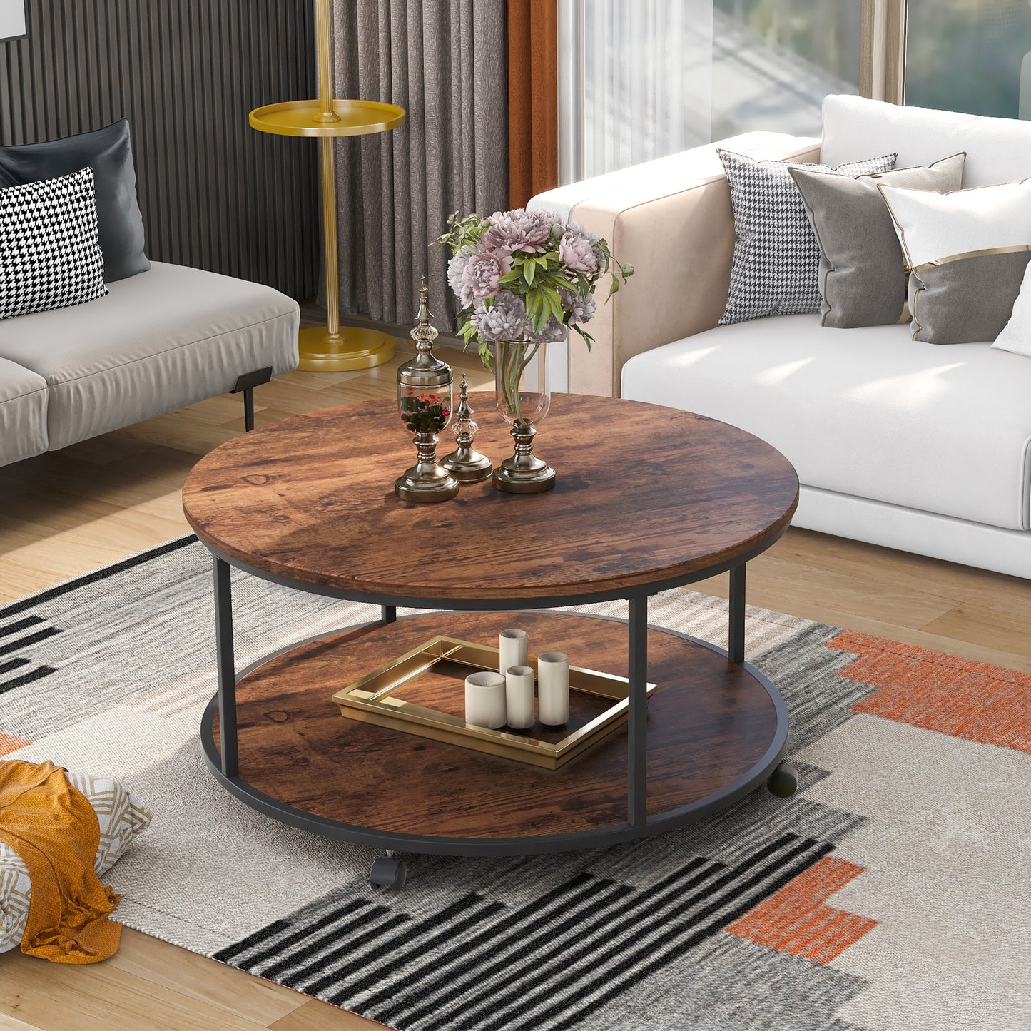 Round Coffee Table with Caster Wheels and Wood Textured Surface