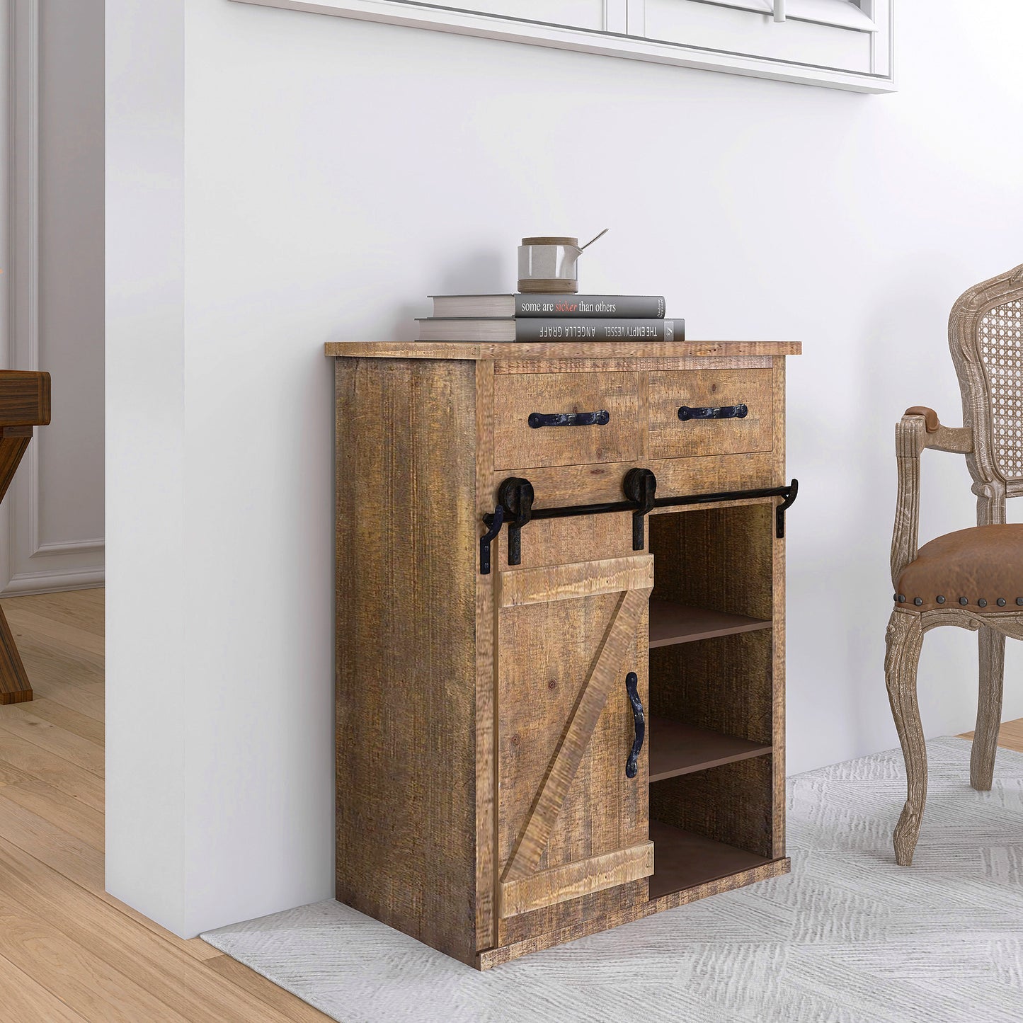 Wood and Metal Farmhouse Sliding Barn Door Accent Cabinet