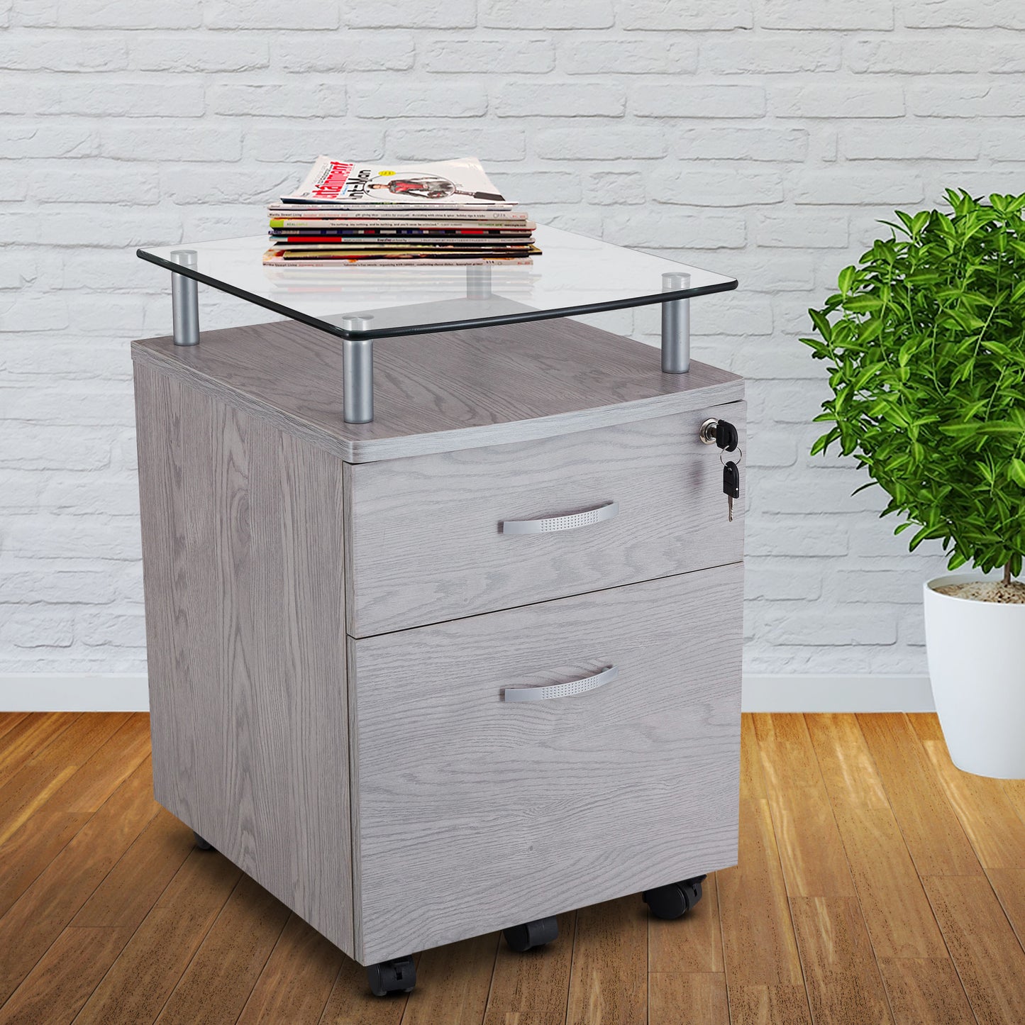 Rolling File Cabinet with Glass Top