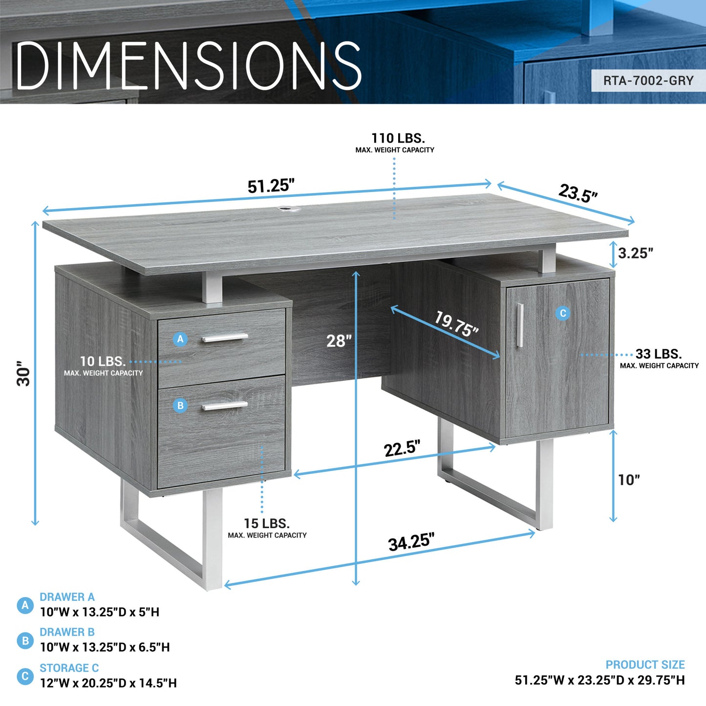 Modern Office Desk with Storage; Grey