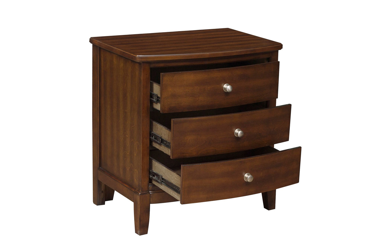 Dark Cherry Finish Nightstand of 3x Drawers w/ Satin Nickel Tone Knobs