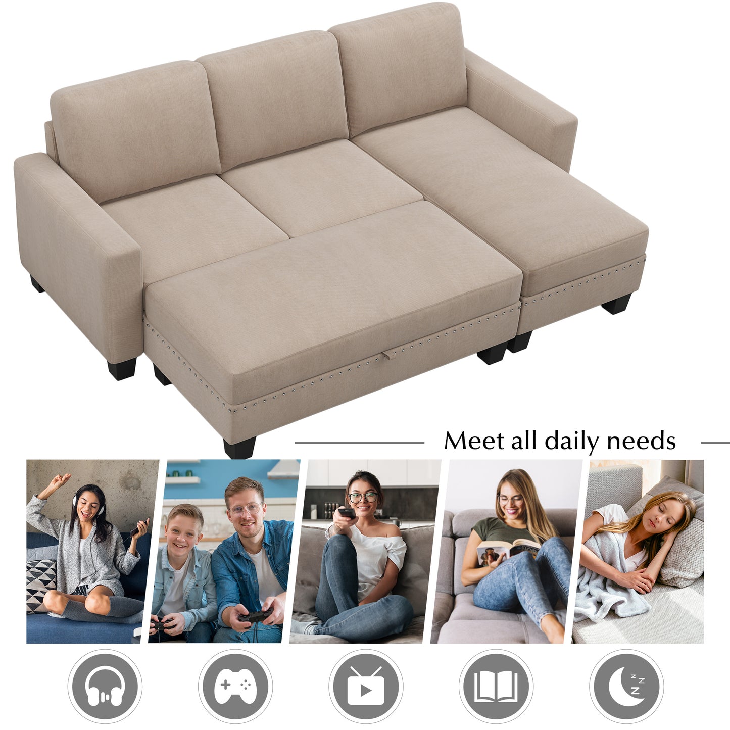 Reversible Sectional Couch with Storage Ottoman