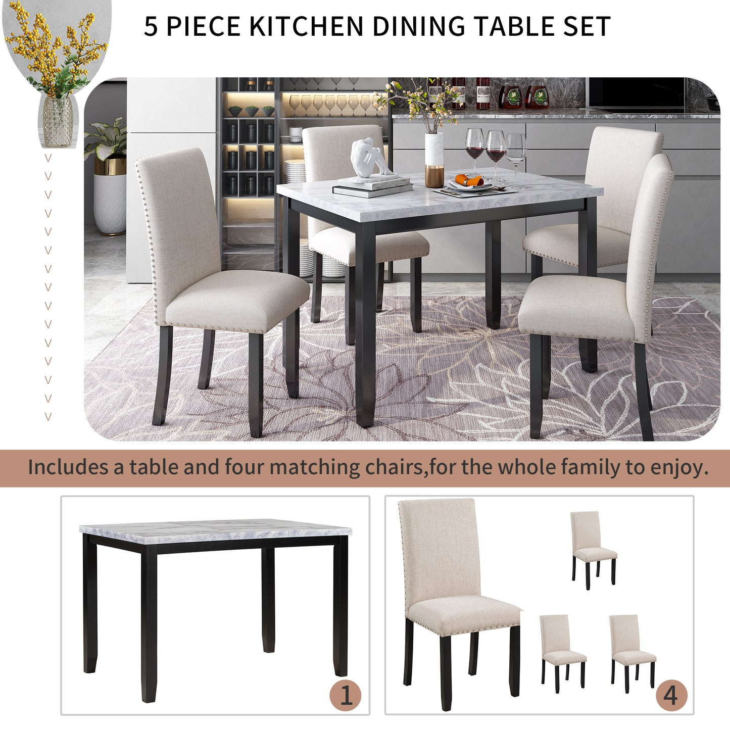 Faux Marble 5-Piece Dining Set