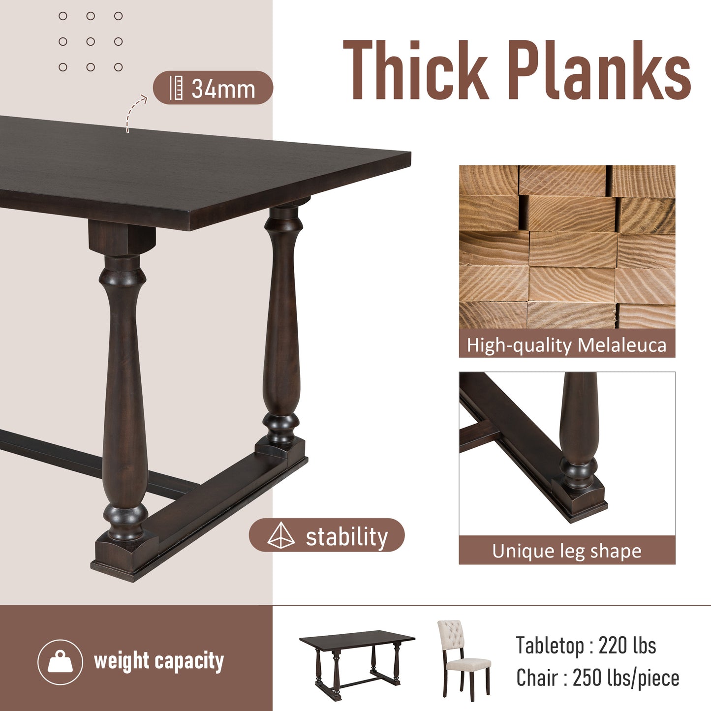 Dining Table and Chair Set with Special-shaped Legs and Foam-covered Seat Backs & Cushions