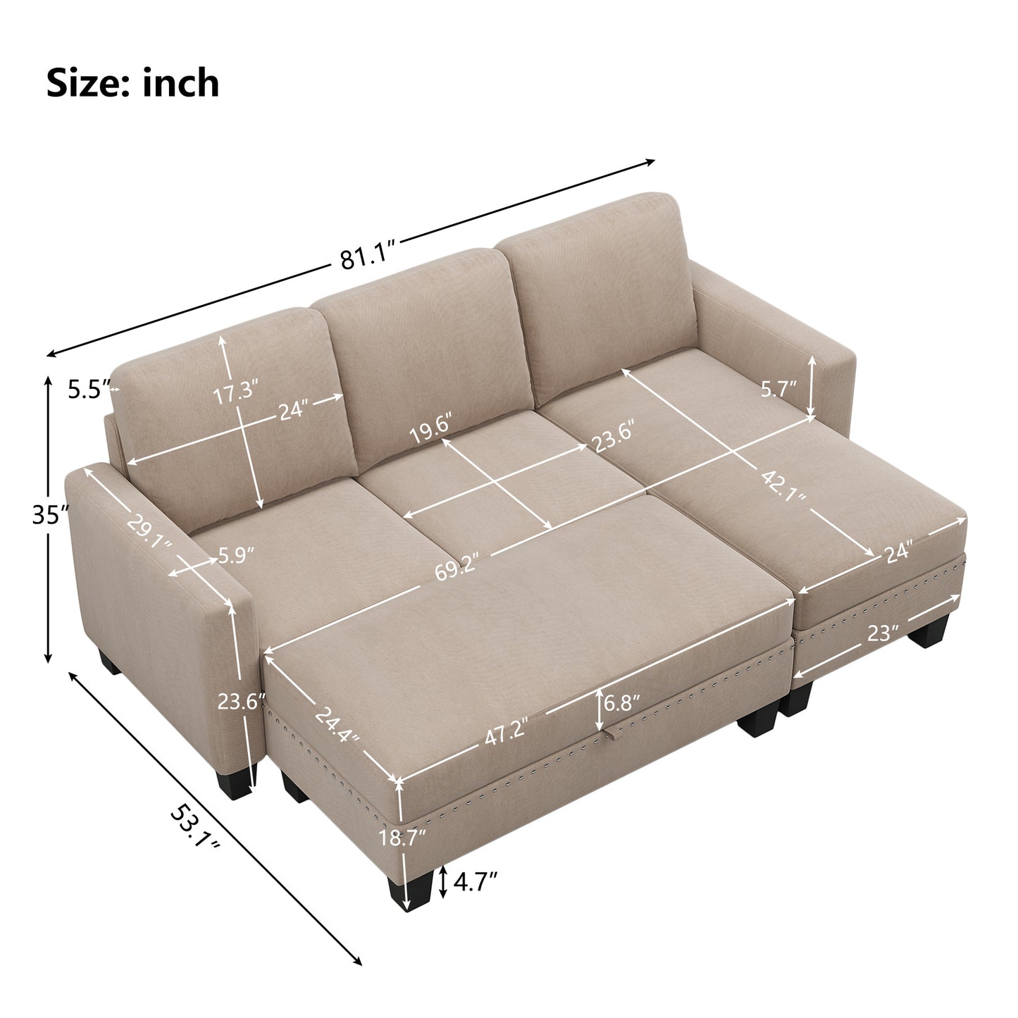 Reversible Sectional Couch with Storage Ottoman