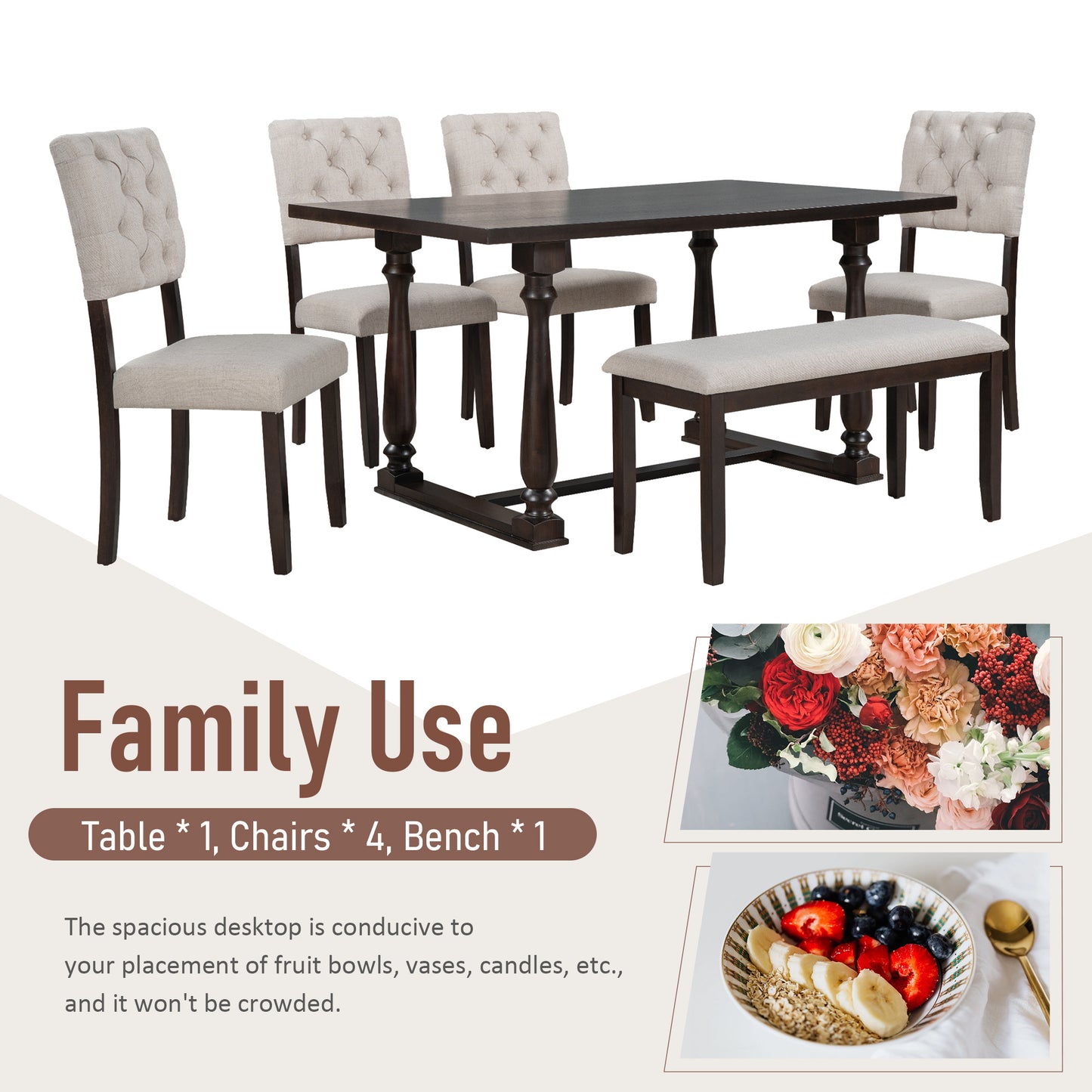 Dining Table and Chair Set with Special-shaped Legs and Foam-covered Seat Backs & Cushions