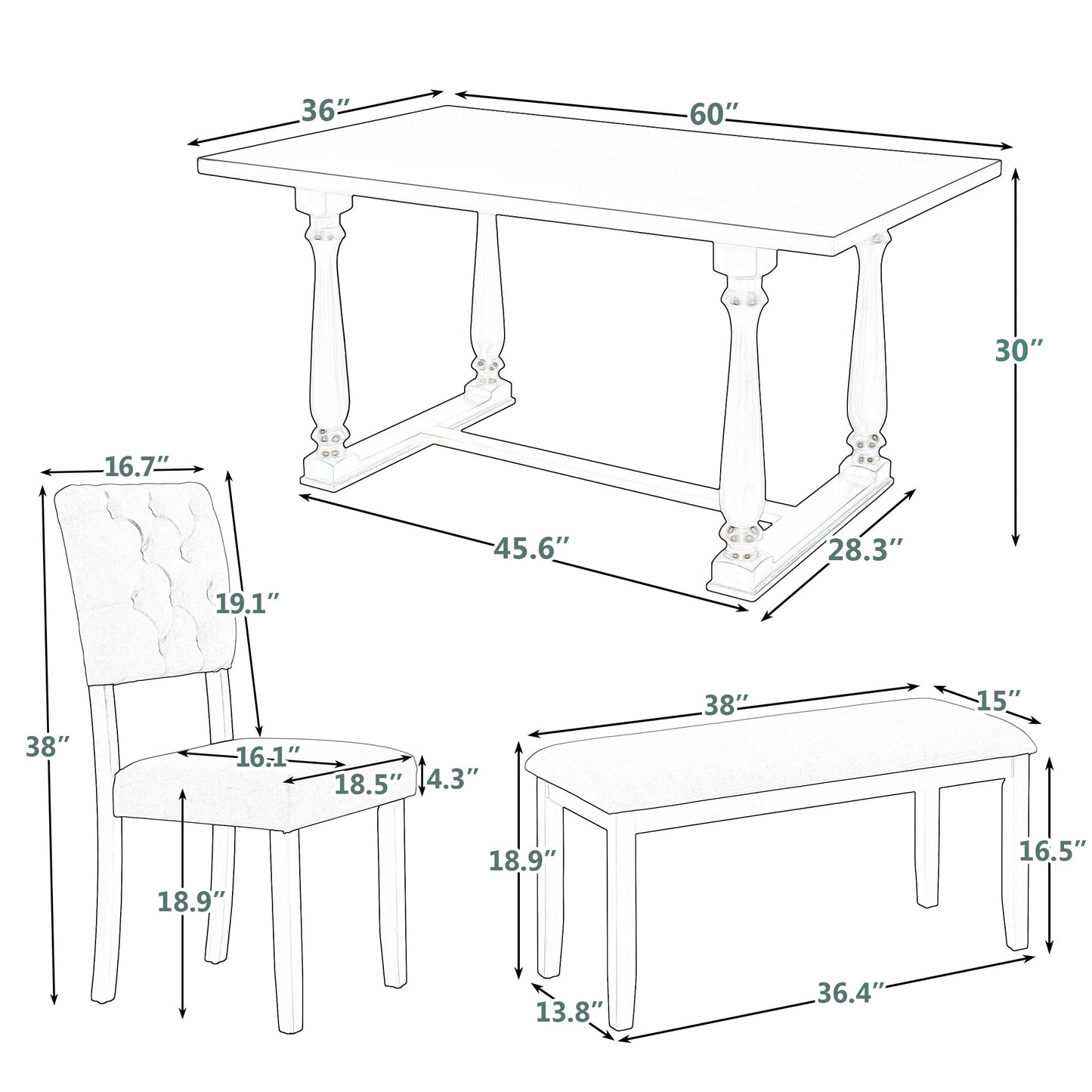 Dining Table and Chair Set with Special-shaped Legs and Foam-covered Seat Backs & Cushions