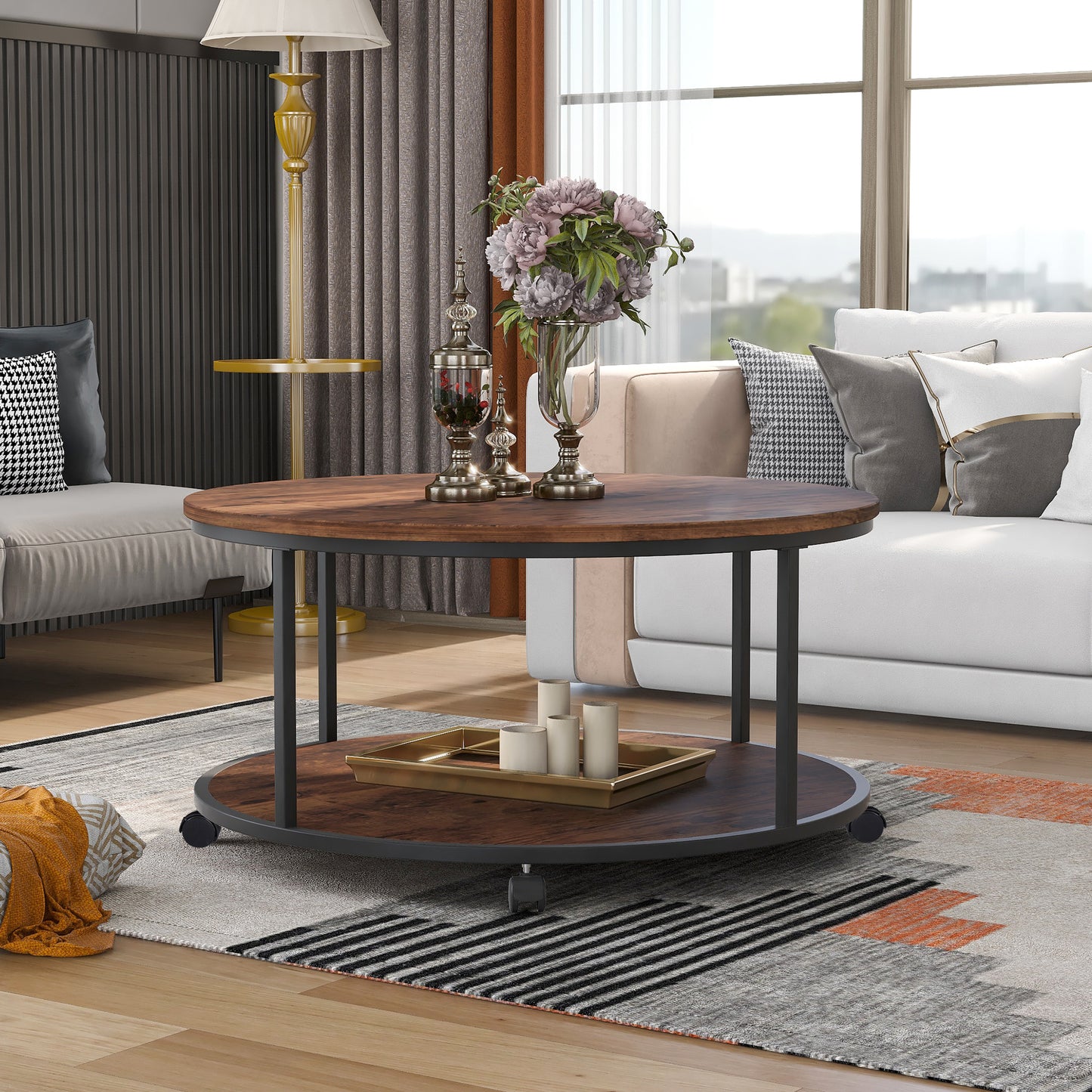 Round Coffee Table with Caster Wheels and Wood Textured Surface