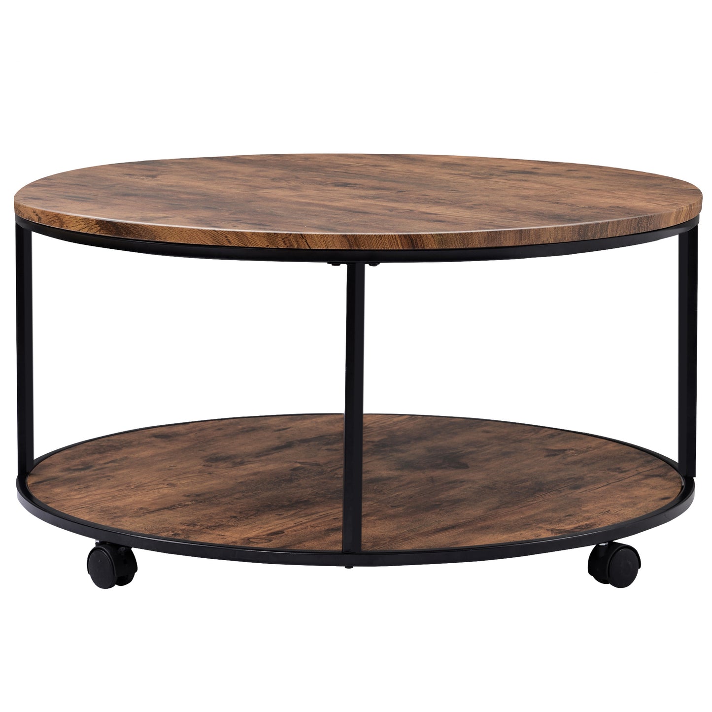 Round Coffee Table with Caster Wheels and Wood Textured Surface