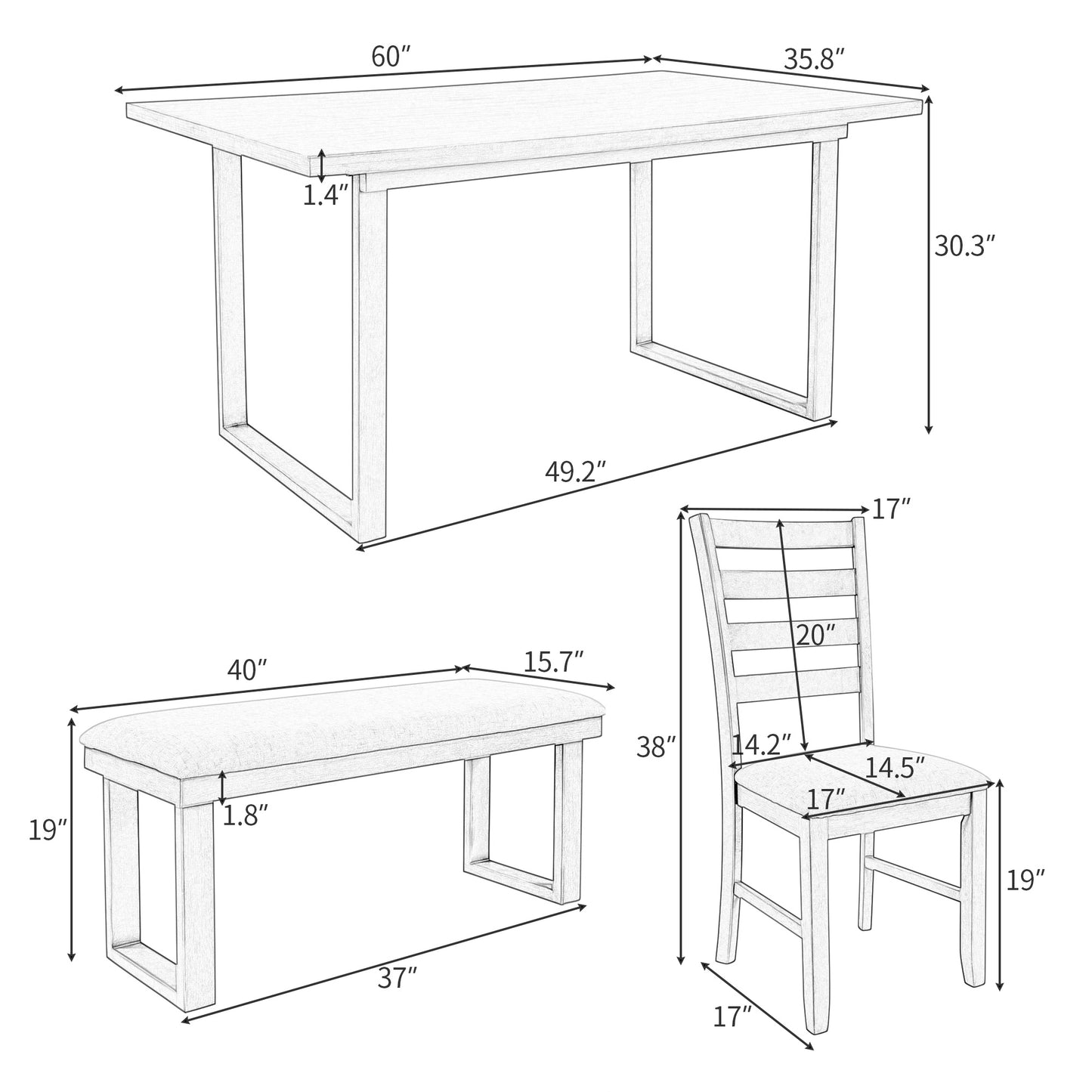 Wood Dining Room Set with Rectangular Table & 4 Chairs with Bench