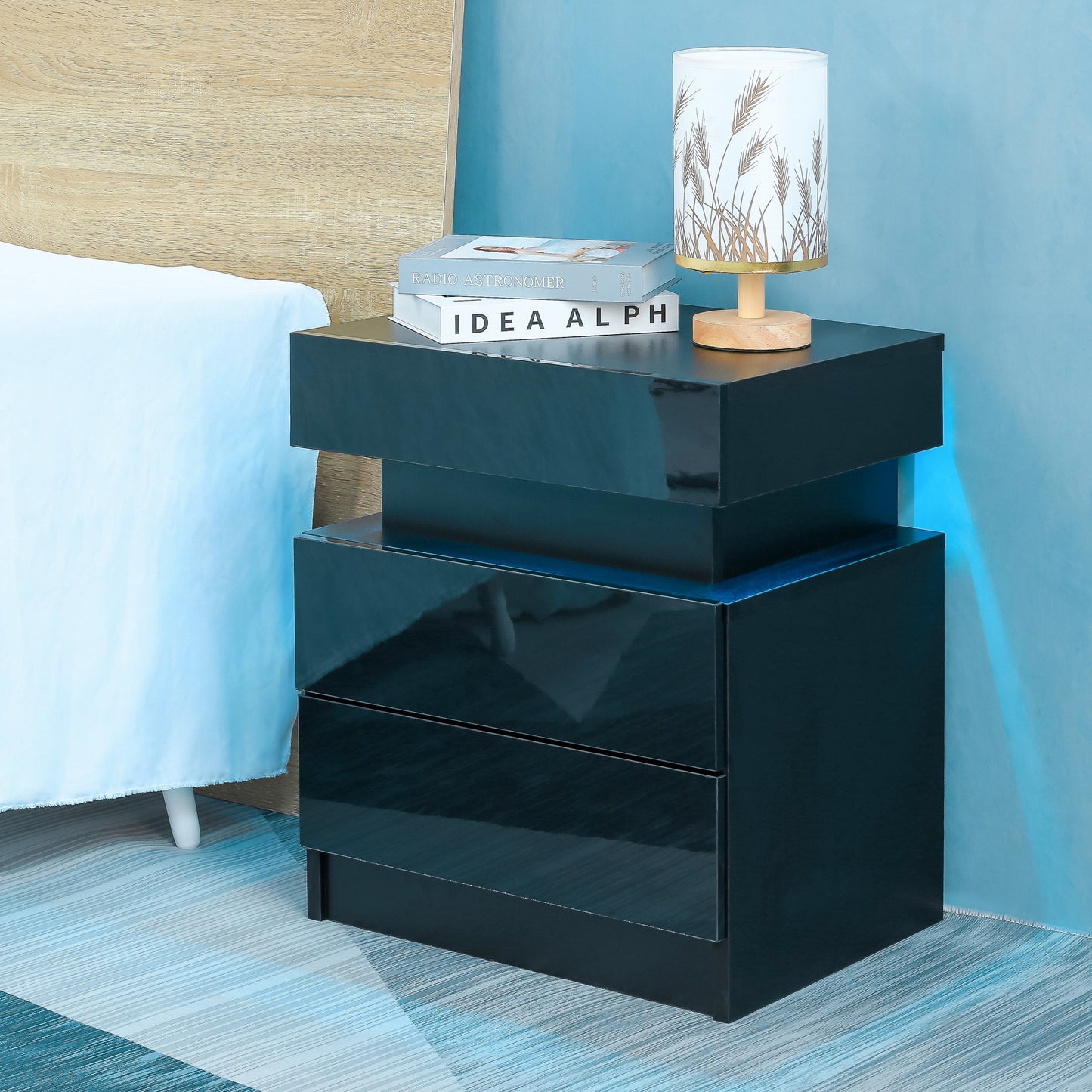 Modern Wood Black Nightstand with LED Light