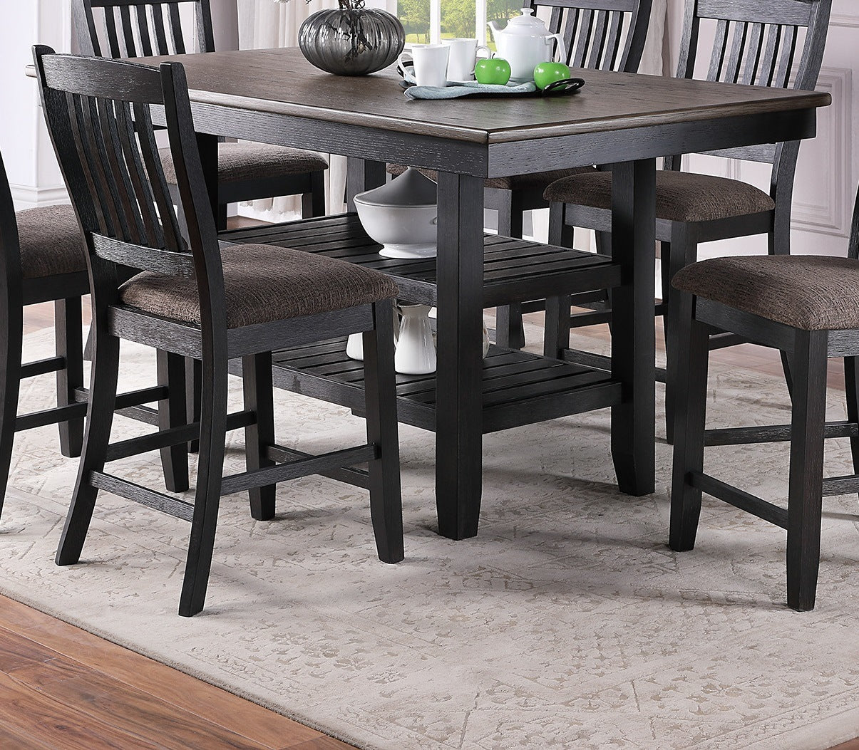 Dark Coffee Finish dining table w 2x Storage Shelves