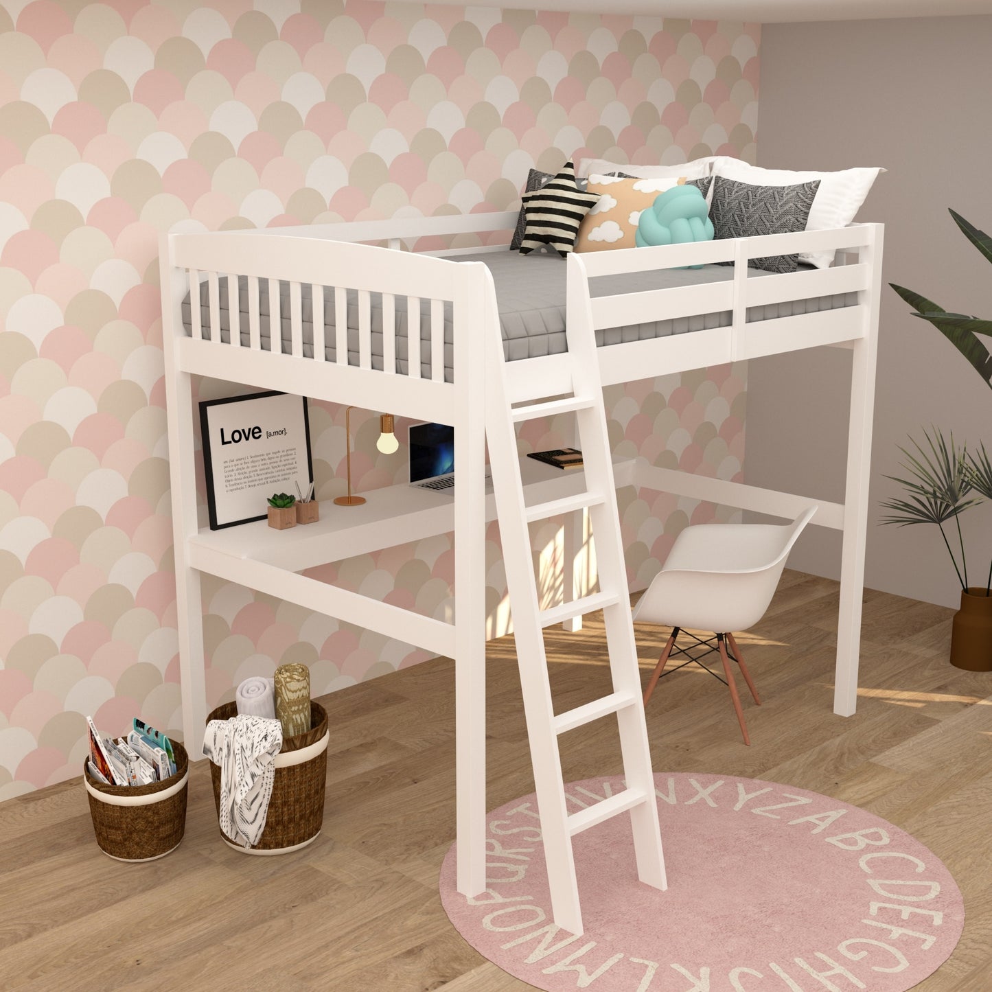 Everest White High Loft Bed with Desk and Storage