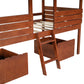 Twin Size Low Loft Wood House Bed with Two Drawers; Walnut