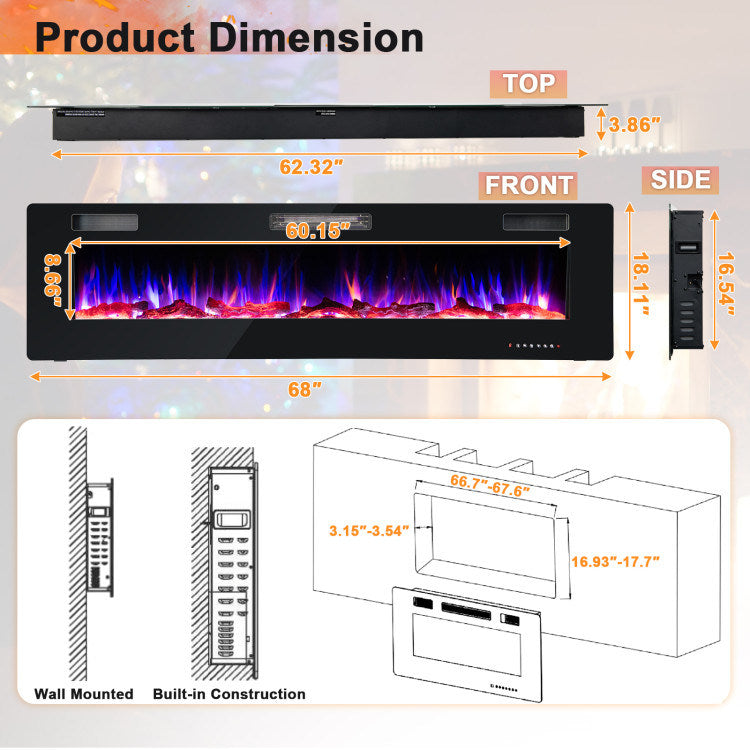 68 Inch Ultra-Thin Electric Fireplace