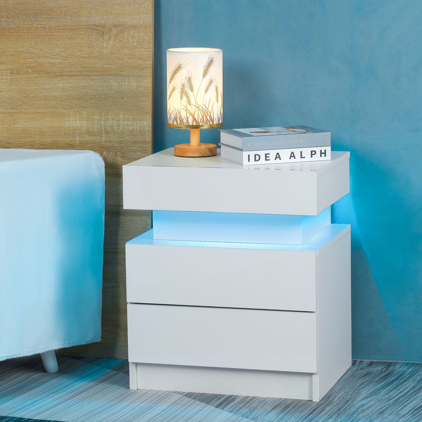 Modern White Nightstand with LED Light