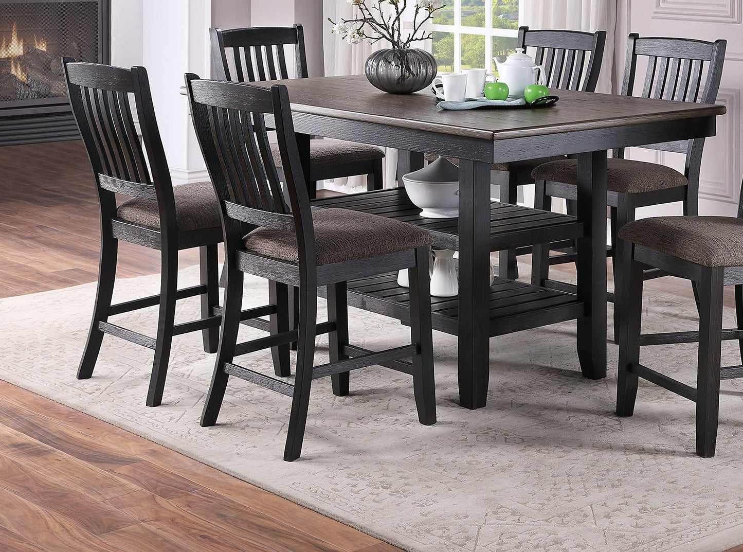 Dark Coffee Finish dining table w 2x Storage Shelves